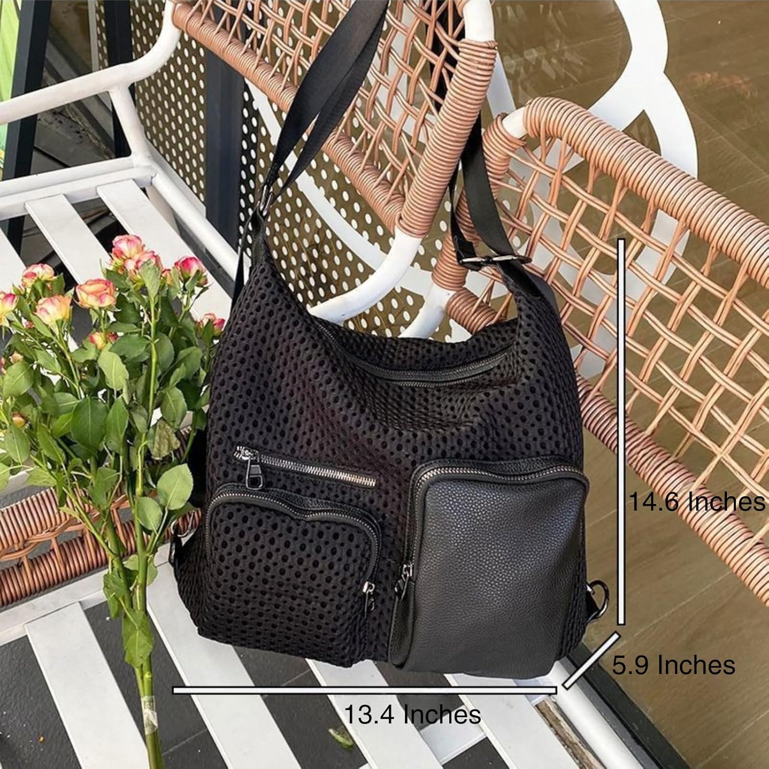 Convertible Hobo Backpack Purse for Women - Black Sheer Mesh with Leather Accents | 3-in-1 Crossbody, Shoulder Bag & Backpack | Functional Fashion Bag - Image 7