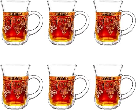 Turkish Tea Glasses Set of 6 - Gold Moroccan Tea Cups with Handle - 150 ml Footed Glass Coffee Mugs for Hot Cold Beverages Drinks