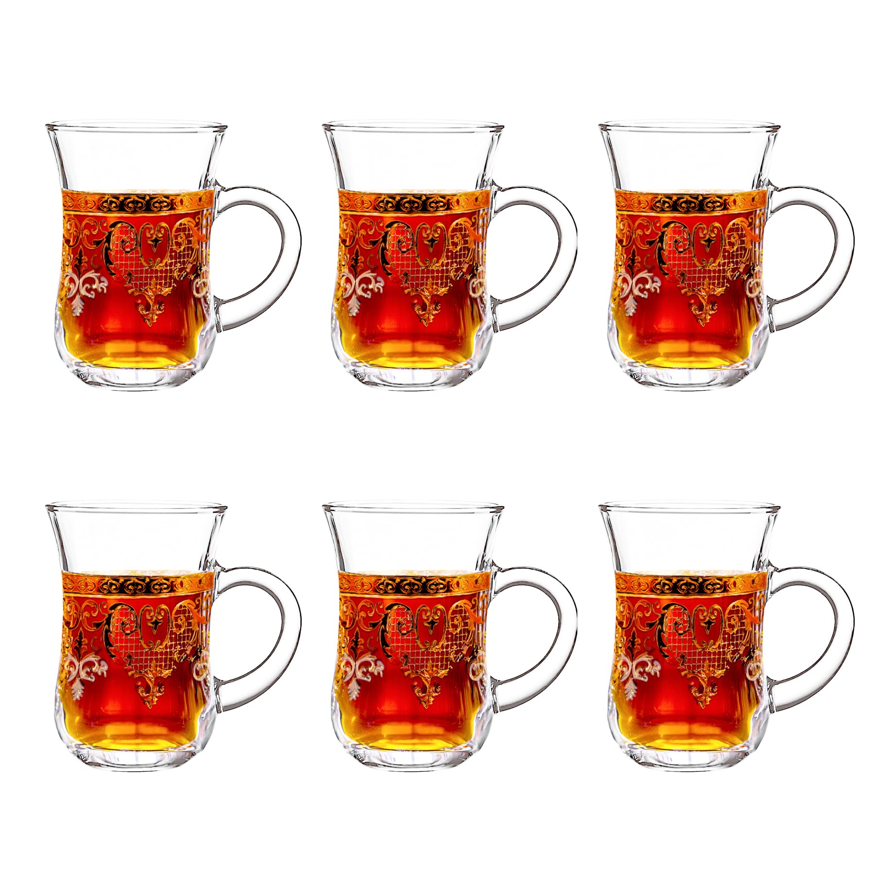 binsakao Turkish Tea Glasses Set of 6, Gold Moroccan Tea Cups with Handle