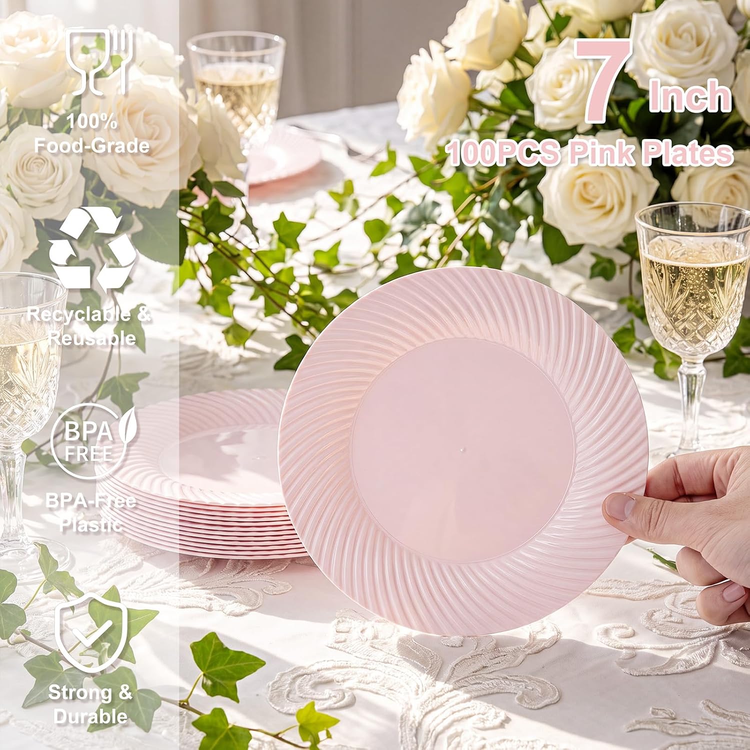 IOOOOO 100Pcs 7"Pink Plastic Dessert Plates, Pink Disposable Dessert Plates image 2
