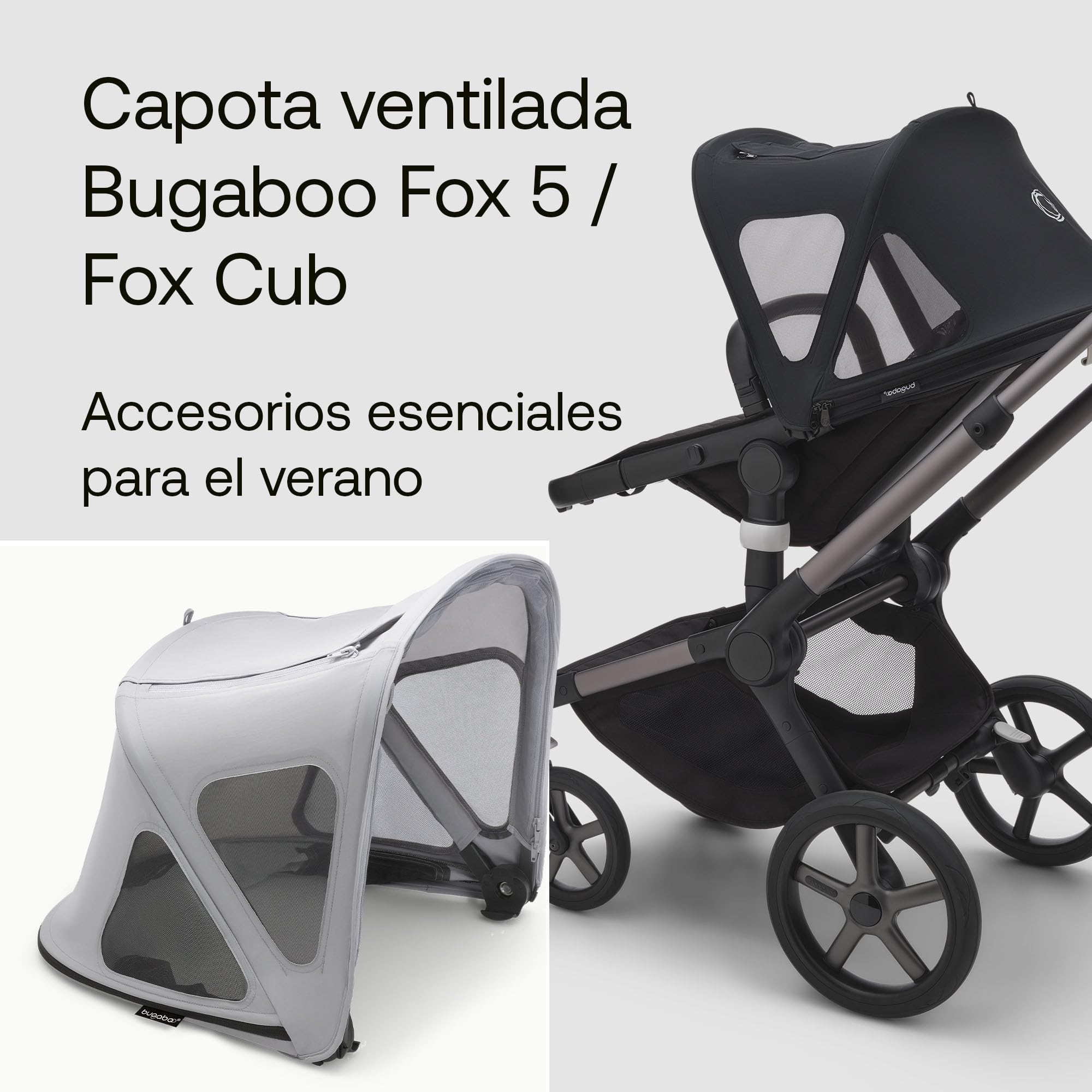 Bugaboo Capota ventilada Fox y Cameleon, extensible para una protección adicional y una protección solar óptima, repelente al agua, Misty Grey — view 2