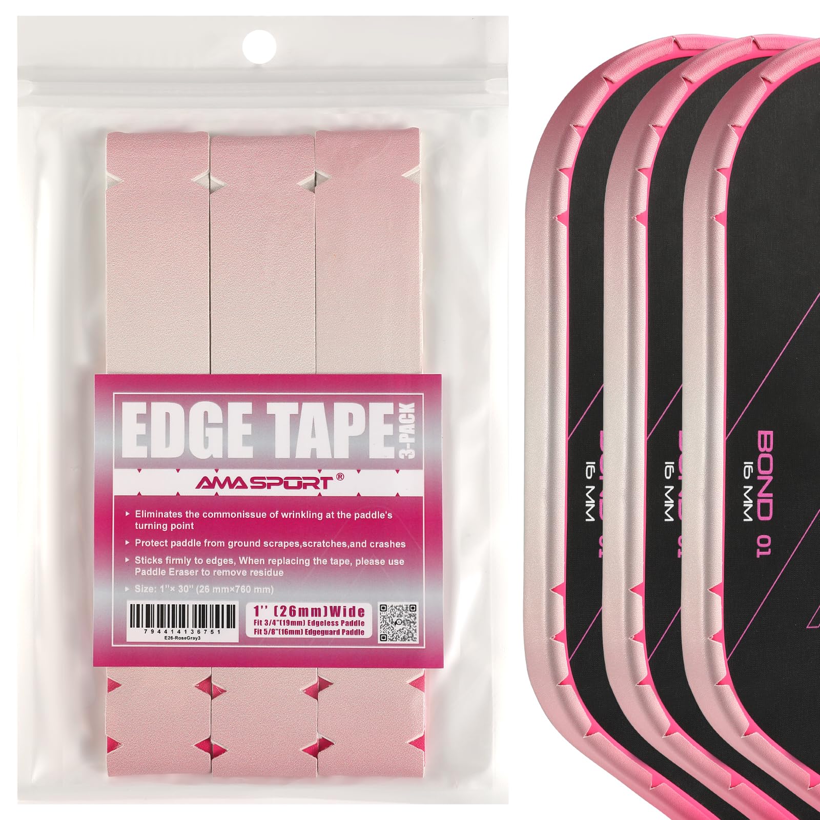 PICKLETECH Pickleball Paddle Protection Tape - Paddle Head Edge Guard - Racket Edge Protection Tape -Fit Perfectly Curved Edge -No Wrinkling Gradient Rose Red Gray