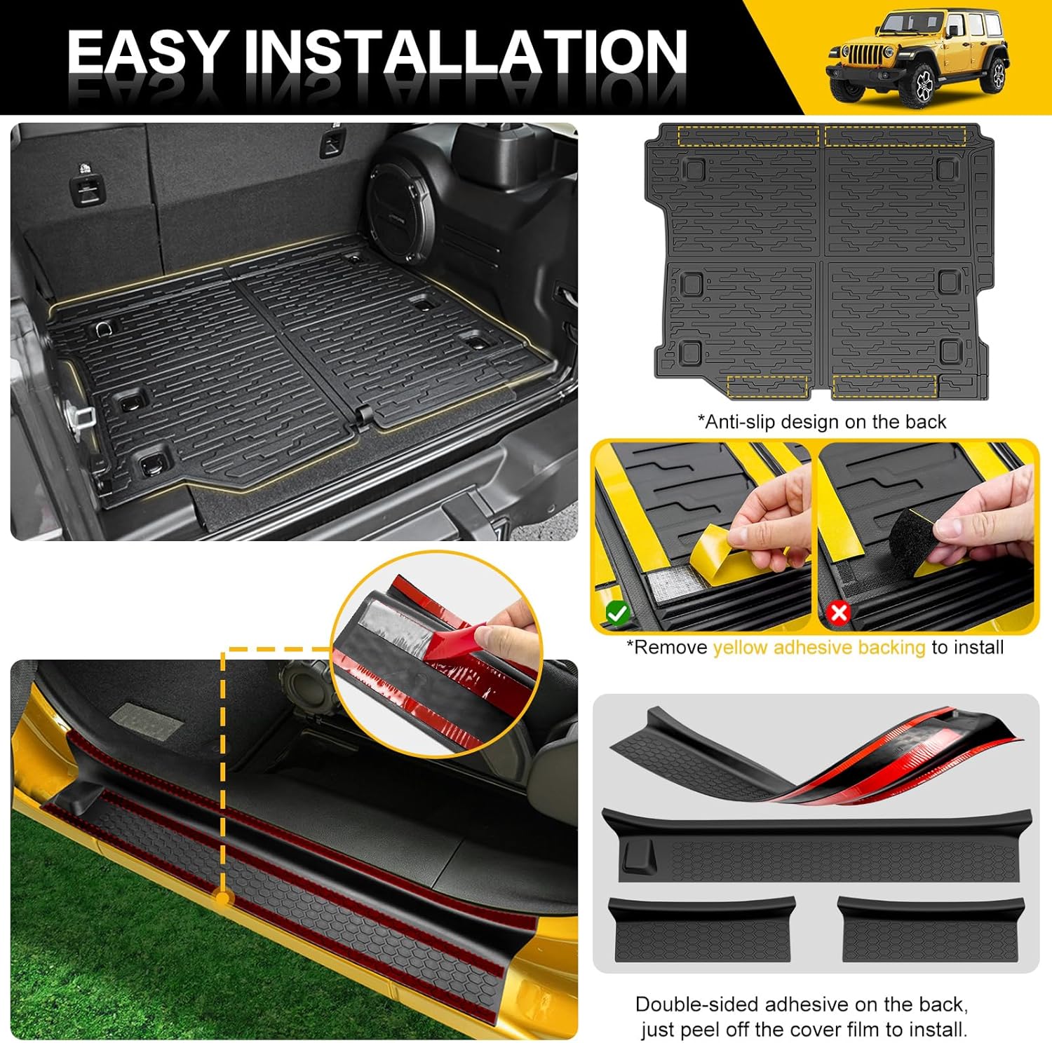 Trunk Mat with Door Sill Guards for 2018-2025 Jeep Wrangler JL Unlimited 4X4 Accessories All Weather Rear Trunk Liner Door Sill Protector for 18-25 JL JLU Gas Type 4 Door(Not for 4XE)