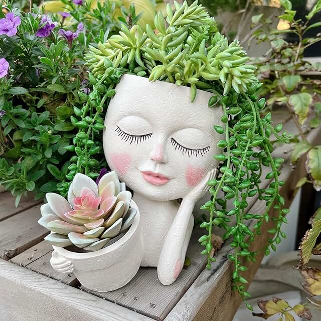 Face Plant Pot - Double Flower Pots for Indoor Outdoor Plants Resin Head...