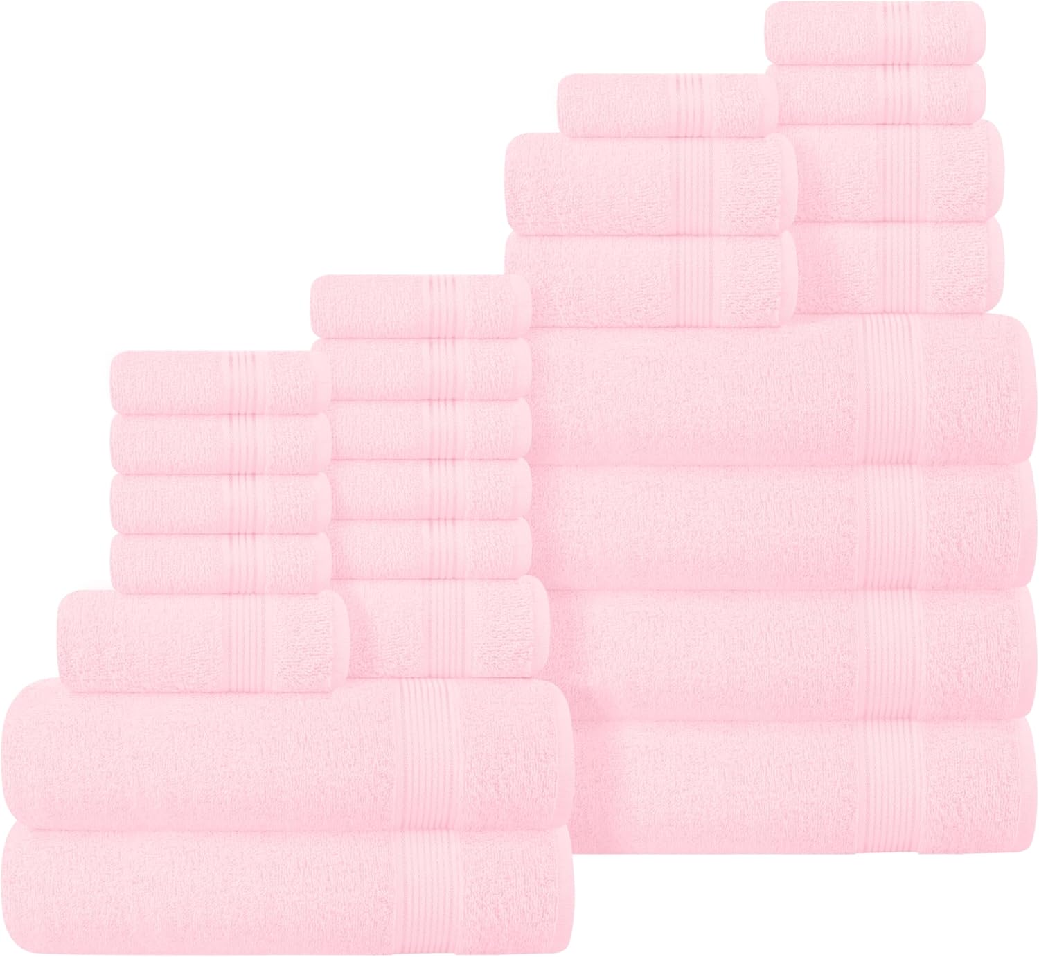 Belizzi Home 24-Piece 100% Cotton Towel Set Pink - 6 Bath (28x55"), 6 Hand (16x24"), 12 Washcloths (12x12") | Soft, Absorbent, Quick-Dry