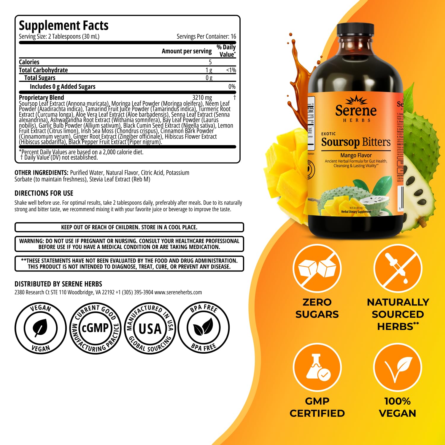 Serene Herbs Soursop Bitters Liquid with Soursop Leaves for Gut Cleanse, Detox & Immune Boost with Black Seed, Moringa, Irish Moss, Ashwaganda, Turmeric, 16 Fl Oz (Pack of 1), Mango — Amazon image 3