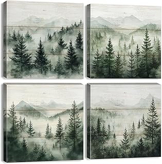 Green Forest Wall Art Nature Foggy Mountains Landscape Pictures for Living Room Bathroom Misty Pine Tree Scenery Canvas Posters Woodland Forest Botanical Prints Artwork Home Decoration 12x12" 4Pcs