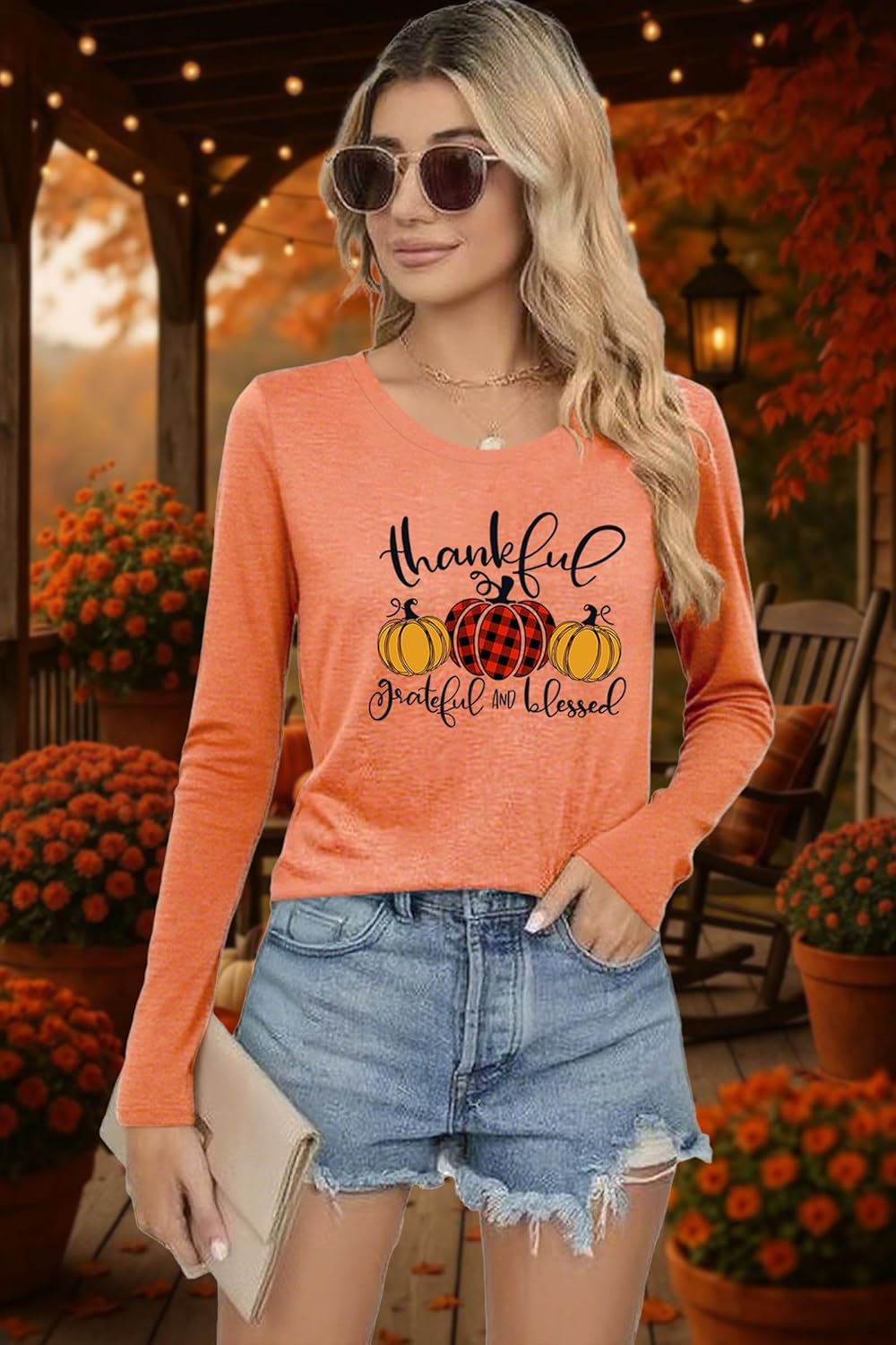 Thanksgiving Shirts for Women: Thankful Grateful Blessed Pumpkin T-Shirts Fall Long Sleeve Pullover Tops - Image 3