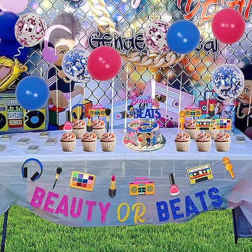 Miniatura 5 de Beauty or Beats - Kit de decoración divertida para revelación de género, pancarta de belleza o ritmos, guirnalda, decoración de pasteles y cupcakes