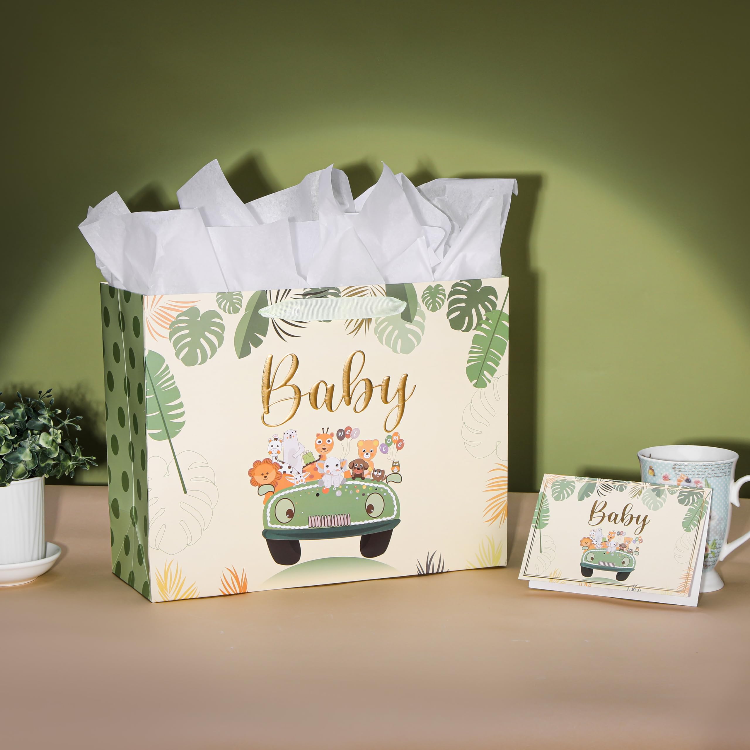 Bobobag 33 cm szałwiowy zielony woreczek na baby shower, torba na prezent dla noworodka z bibułką i kartką z życzeniami.