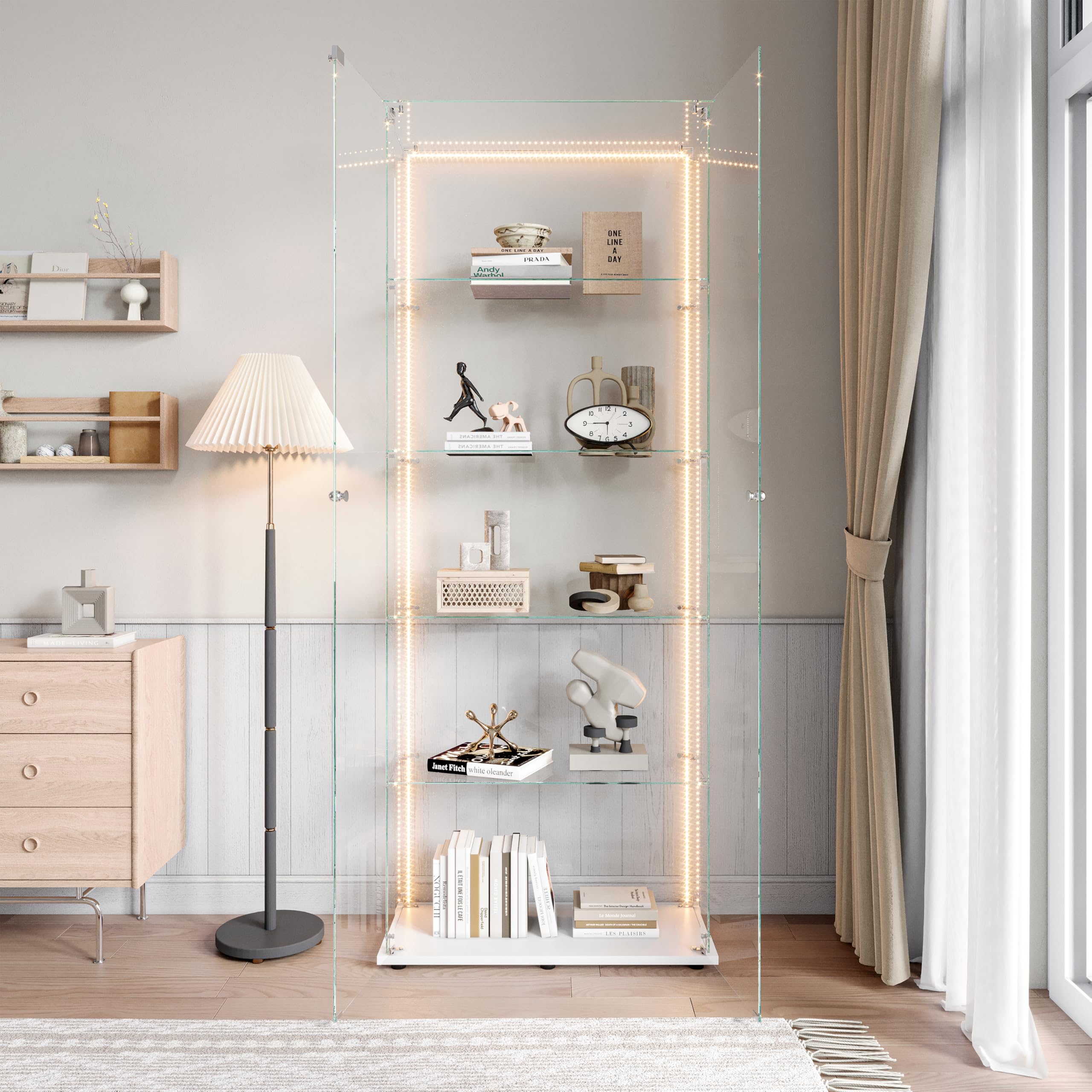 Vitrinas, vitrinas de cristal, armarios verticales de cristal, aptos para salones, dormitorios, oficinas (2 puertas, 5 pisos, negro + LED)