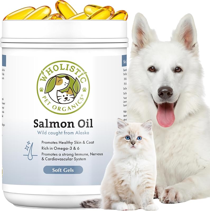 Suplemento de Óleo de Salmão Selvagem do Alasca para Cães e Gatos Wholistic Pet Organics – 500 cápsulas gelatinosas