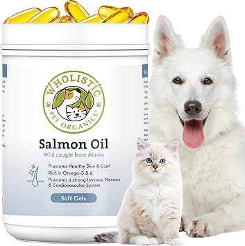 Wholistic Pet Organics Salmon Oil Deep Sea Wild Alaskan Salmon Oil for Dogs - Omega 3 Dog Fish Oil with EPA and DHA for Skin, Coat, Heart and Nervous System Health 100 Capsules