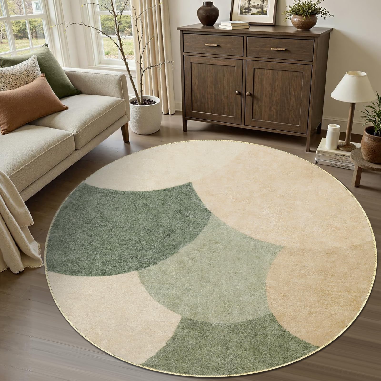 Extra Large Round Rugs for Living Room 200cm, Soft Washable Geometric Area Rugs, Short Pile Non-Slip Rug for Living Room, Bedside, Lounge, Bedroom, Dining Room, Green&Beige