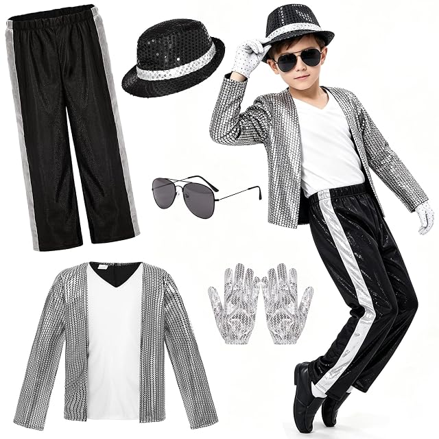 Yutissi Traje de Estrella Pop, Genérico Disfraz Rey del Pop para Niño, Accesorios para Niños, Accesorio para Disfraz Conjunto de Baile Años 80/90, Grupos Musicales, Cantante Para NiñOs Y NiñAs (M)