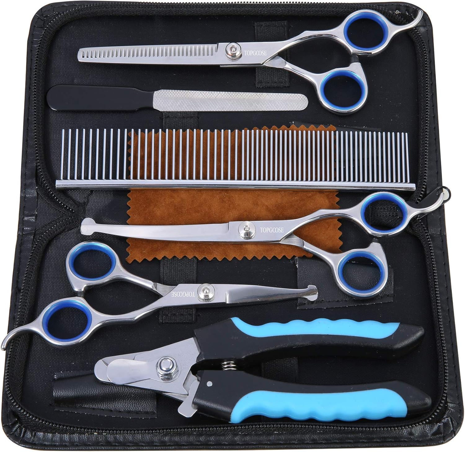 TOPGOOSE Dog Grooming Scissors Set, Safety Round Tip Grooming Tools 6 Pieces Kit for Pet Dogs Cats Full Body - Professional Curved, Thinning, Straight Scissors, Comb, Nail Clipper and Nail File : Pet Supplies