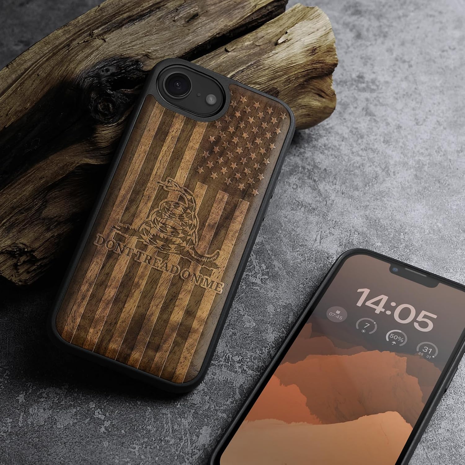 Carveit Magnetic Wooden Case for iPhone 16e / 17e, Solid Wood & Black TPU, Artisan Engraved Design, Shockproof Cover, Compatible with MagSafe Wireless Chargers, Gadsden and American Flag - Walnut