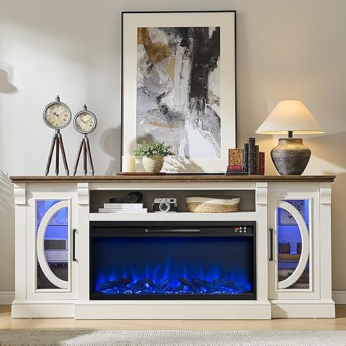 Crescent TV Stand with Fireplace for up to 80 Inch TV, LED Entertainment Center with 36 Inch Electric Fireplace, Farmhouse TV Console Table w/Glass Door for Living Room, Antique White