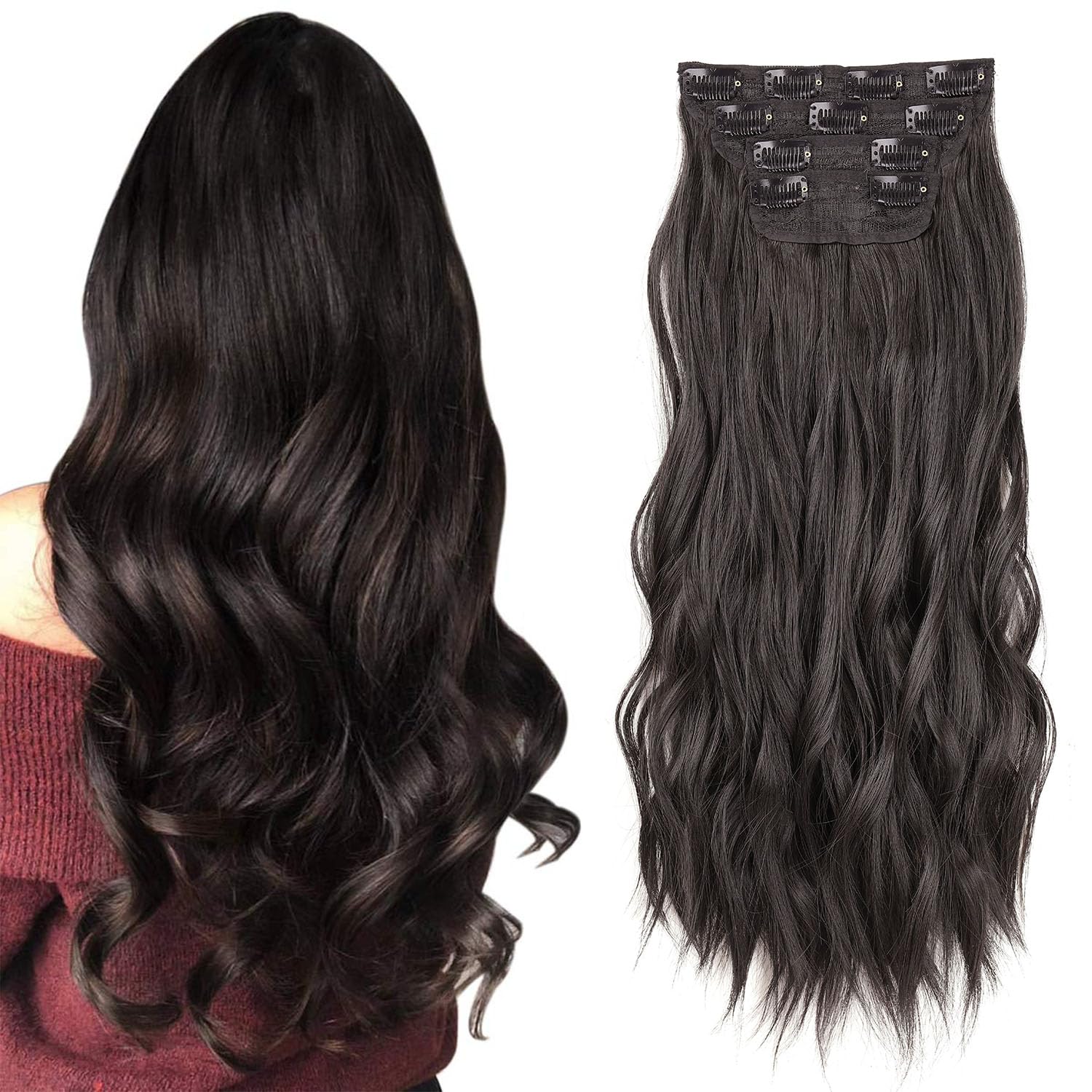 Mscat Clip-in Wavy Hair Extensions - 4PCS Thick Hairpieces, Black & Brown Fiber, Double Weft, 16 Inch for Women (2#)