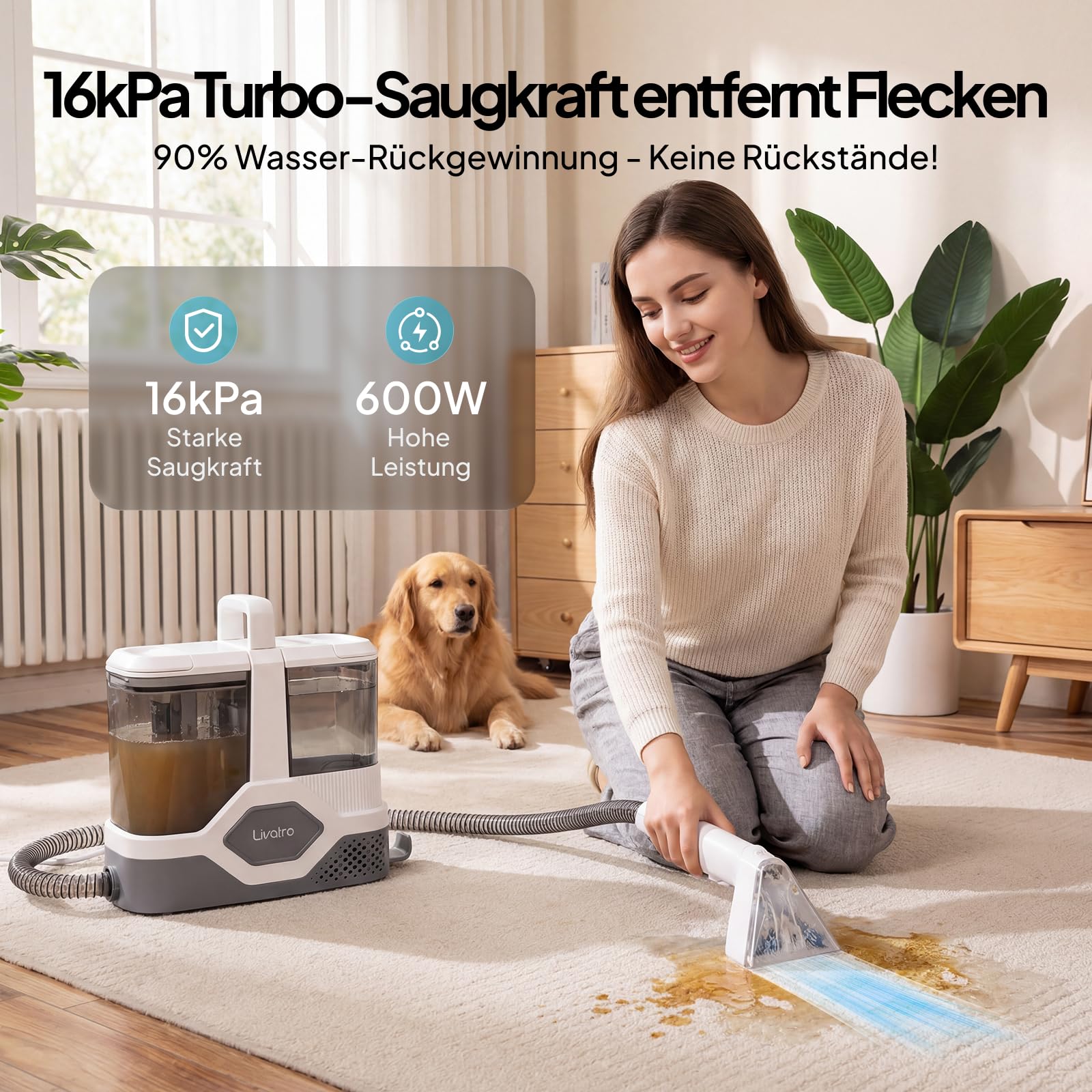 Livatro Polsterreiniger Gerät [600W Profi-Motor] Tragbarer Teppichreiniger Waschsauger 16KPa, Abnehmbarer 2,3L Tanks, Selbstreinigung, Nasssauger für Auto, Sofa, Matratze & Haustier - Schnelltrocknung