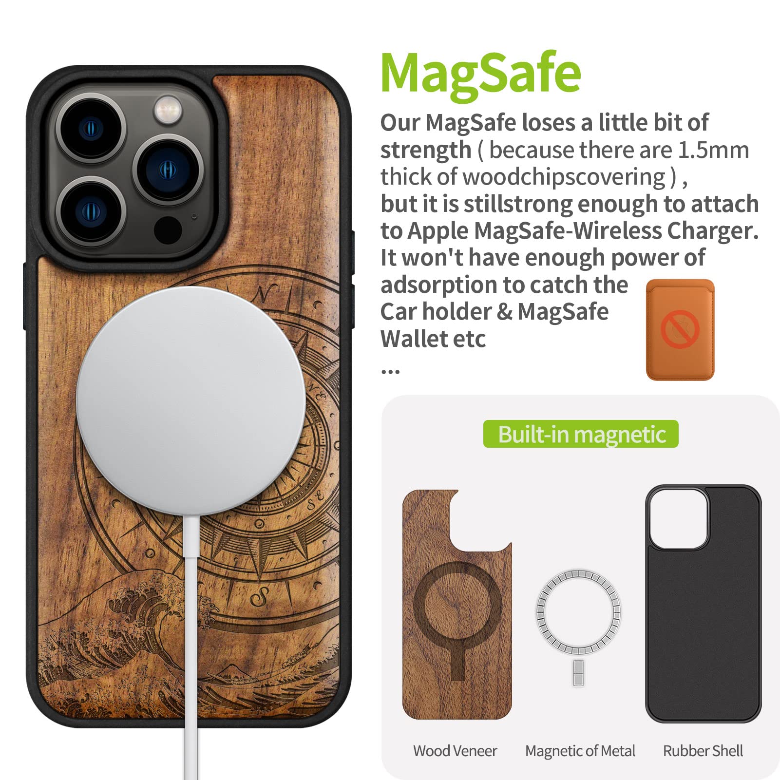 Carveit Custodia per iPhone 14 Pro Cover avec magnetico Cover Legno Unique [Noce Legno] Ricarica Compatibile con 14 Pro MagSafe Paraurti Robusto TPU (La bussola al largo delle grandi onde)