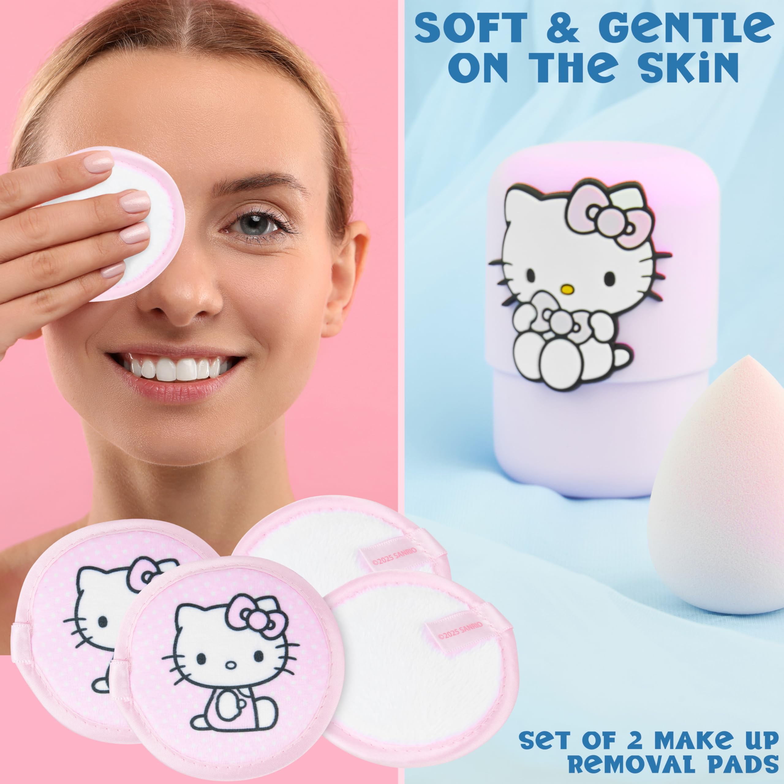 Hello Kitty Sanrio Set Beauty Ragazza, Mini Spazzola Capelli con Specchio, Spugnetta Trucco, Lavabile Dischetti Struccanti, Regali per Lei