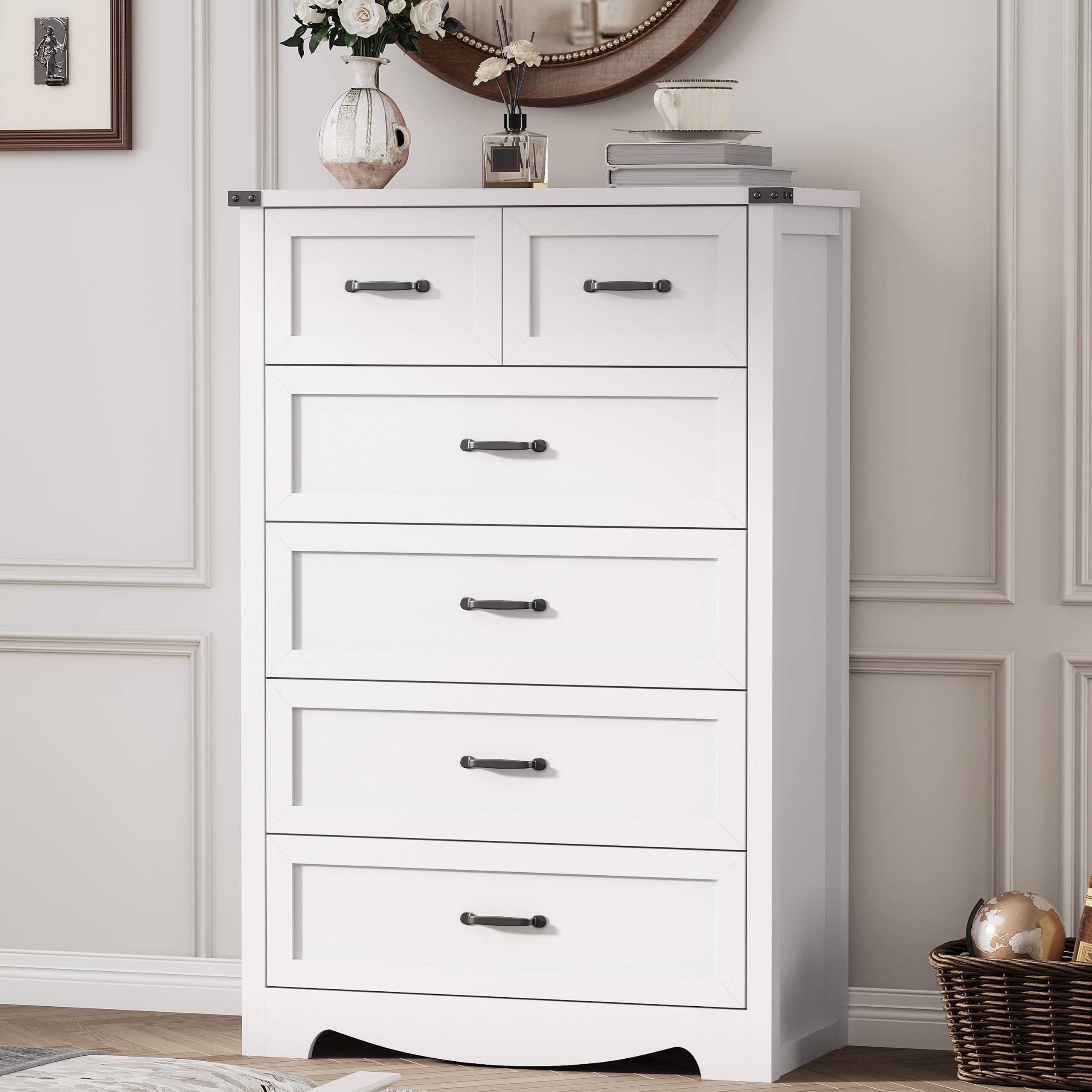 Dresser for Bedroom with 6 Drawers, 49" Tall Wood Chest of Drawers with Deep Drawers &amp; Mental Handle, Modern Dresser TV Stand, Wooden Closet Storage Organizer for Living Room, Hallway, Entryway, White