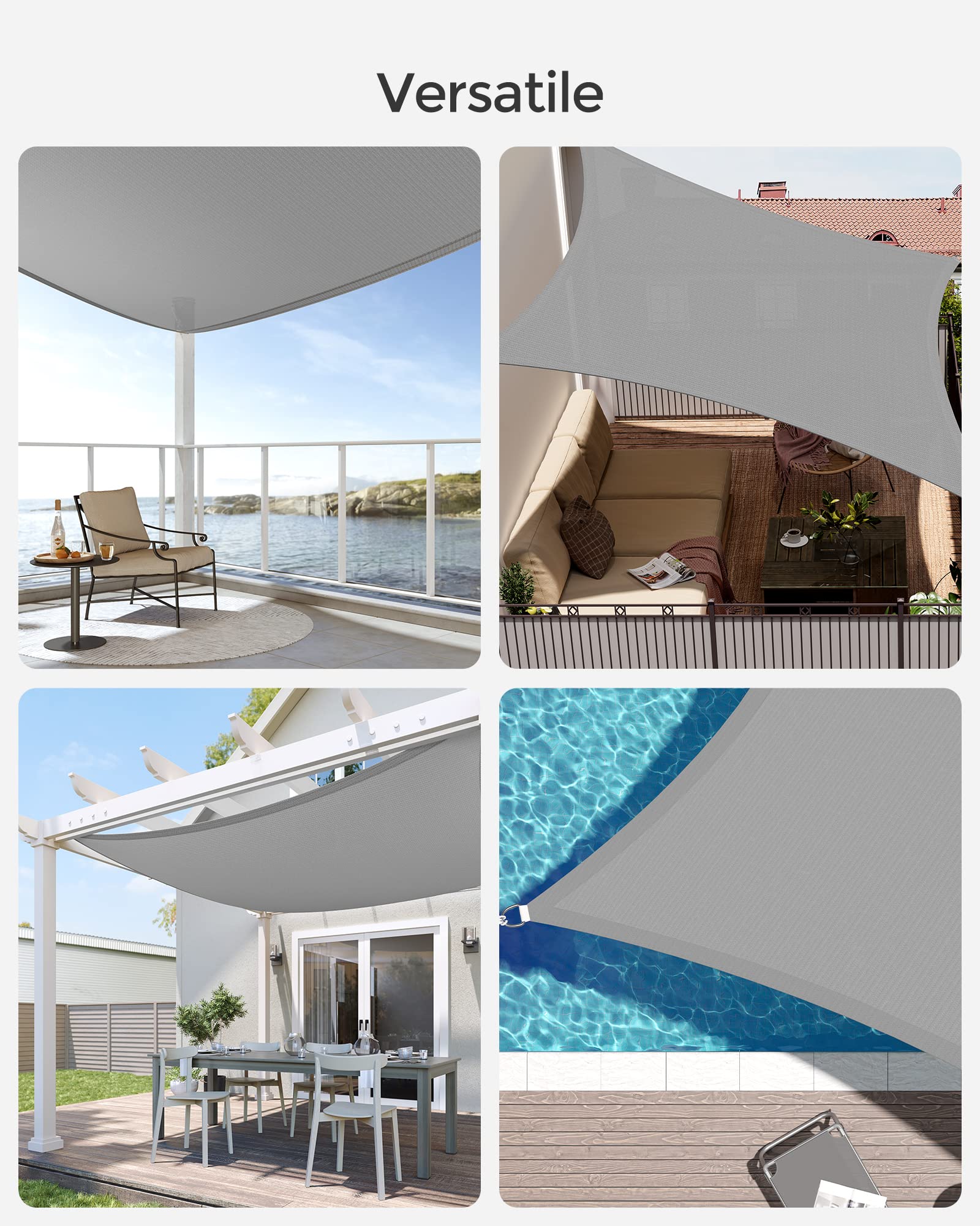 SONGMICS Vela Parasole 3 x 3 m, Tenda da Sole in Tessuto HDPE, Permeabile all'Aria e all'Acqua, per Terrazza, Giardino, Balcone, Campeggio, Quadrata, Concava, Corde da 2 m, Grigio Chiaro GSS33QY