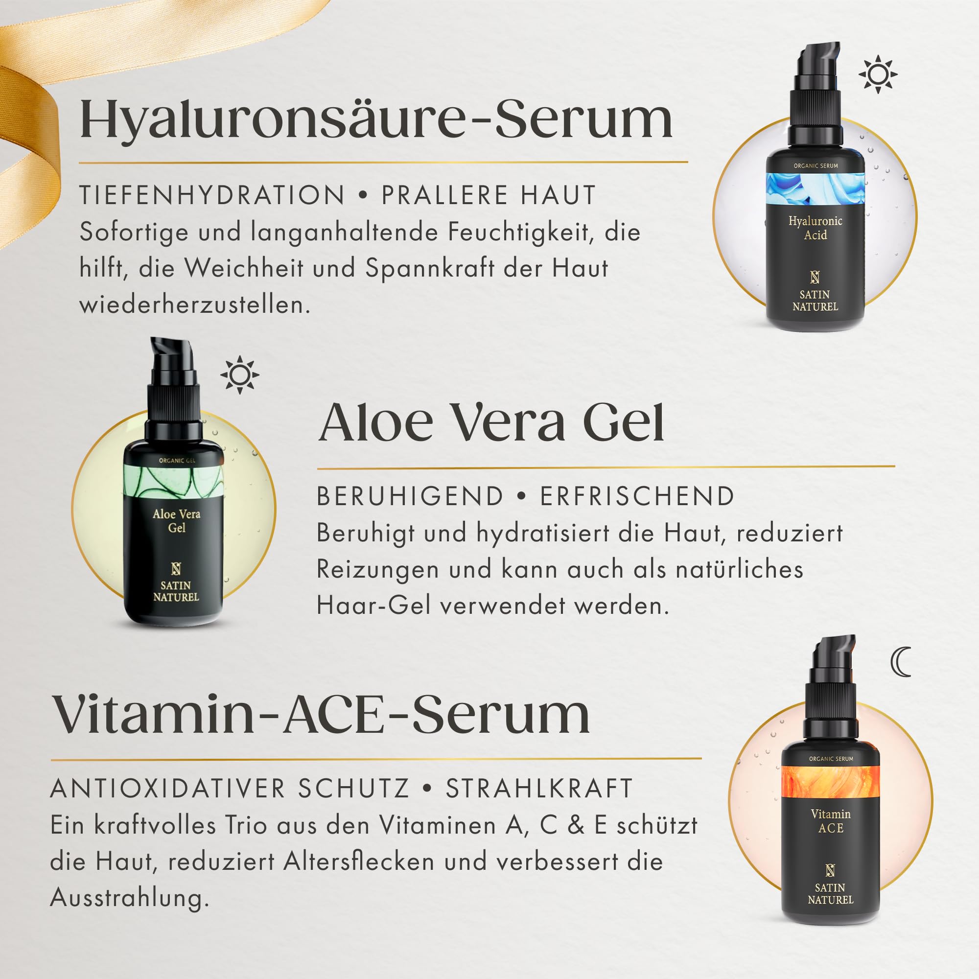 Satin Naturel Geschenkset für Frauen 5x30ml Skincare Routine Aloe Vera Gel Arganöl Vitamin C Serum Hyaluron Serum Retinol Creme Vegan Luxus Geschenkbox Premium Edition