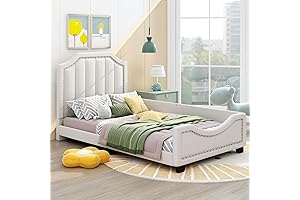 Beige Twin Bed Frame with Headboard for Kids