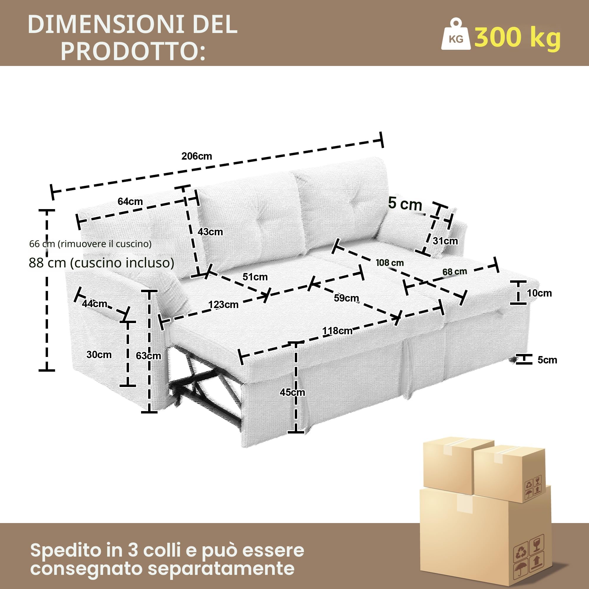 Divano Letto Multifunzionale Con Chaise Longue Sostituibile, Sedile Portaoggetti, Forma L, Ad Angolo per Soggiorno (Light Gray)