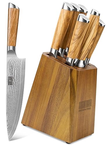 HOSHANHO Damascus Kitchen Knife Set with Block, 7 Pieces Professional VG-10 Damascus Super Steel Cooking Knife Set with Ergonomic Handle - Kitchen Knife Set With Block