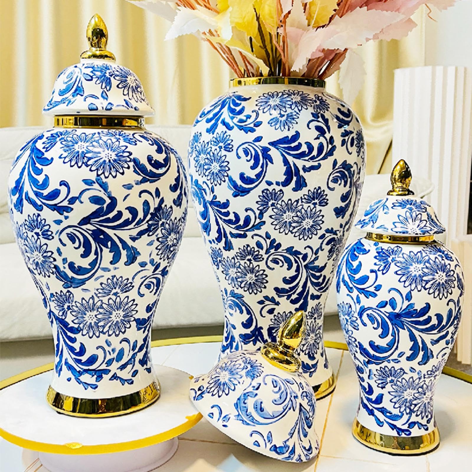 Homyl Ginger Jar Vorratsdose Porzellan Zierobjekt mit Deckel Blumenvase Traditionelles Muster für Teeaufbewahrung Büro Wohnzimmer Geschenk Arbeitszi, M