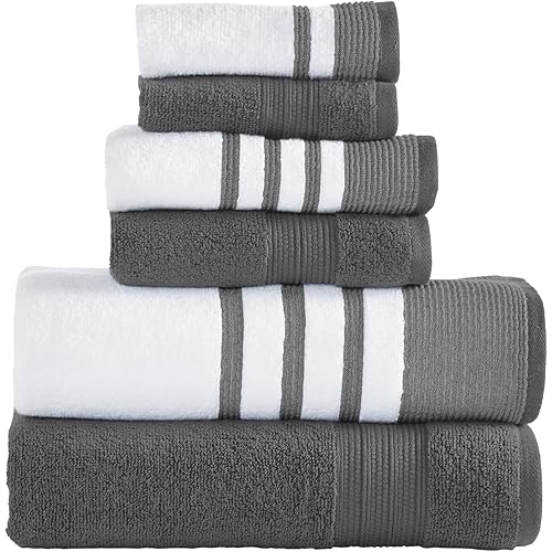 Modern Threads 6 Piece Set, 2 Bath Towels, 2 Hand Towels, 2 Washcloths, Quick Dry White/Contrast Reinhart Coal