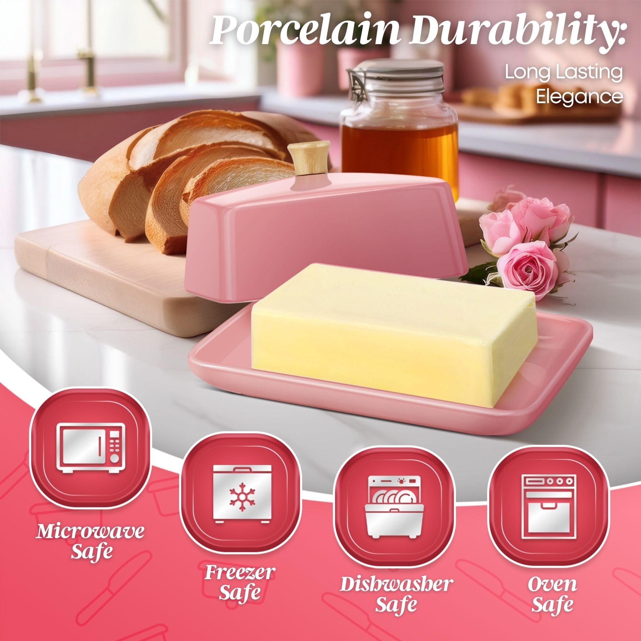 Flexzion Beurrier Européen Rose en Céramique avec Couvercle pour Plan de Travail (18 cm) - Boîte Large Double Pour 2 Bâtonnets de Beurre, Conteneur de Fromage à la Crème
