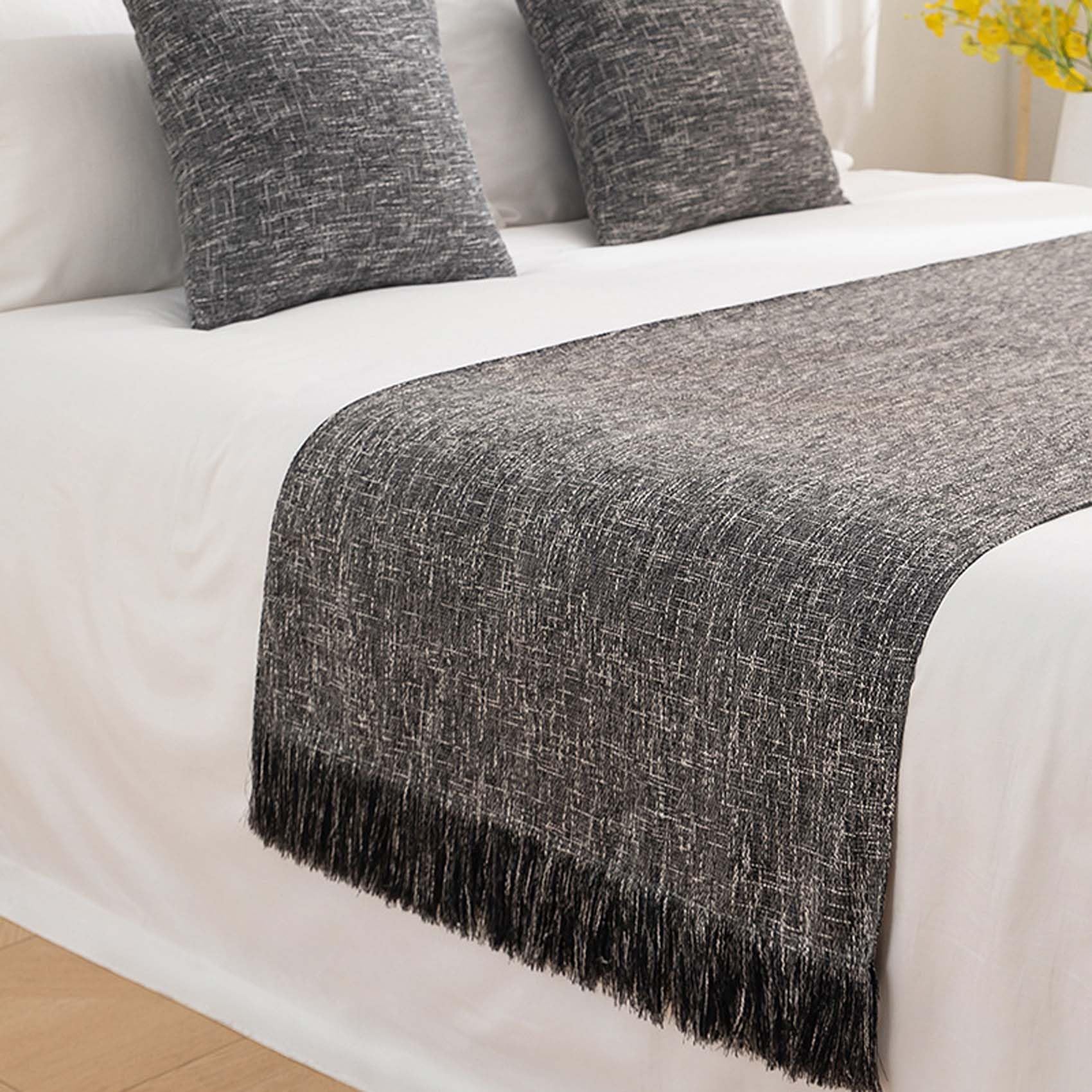 Moderner Leinen-Bettläufer mit Quasten, farbecht, inklusive 2 Kissenbezügen – Dekoratives Bettaccessoire für Zuhause und Hotelzimmer (50 * 210CM(1.5mbed))