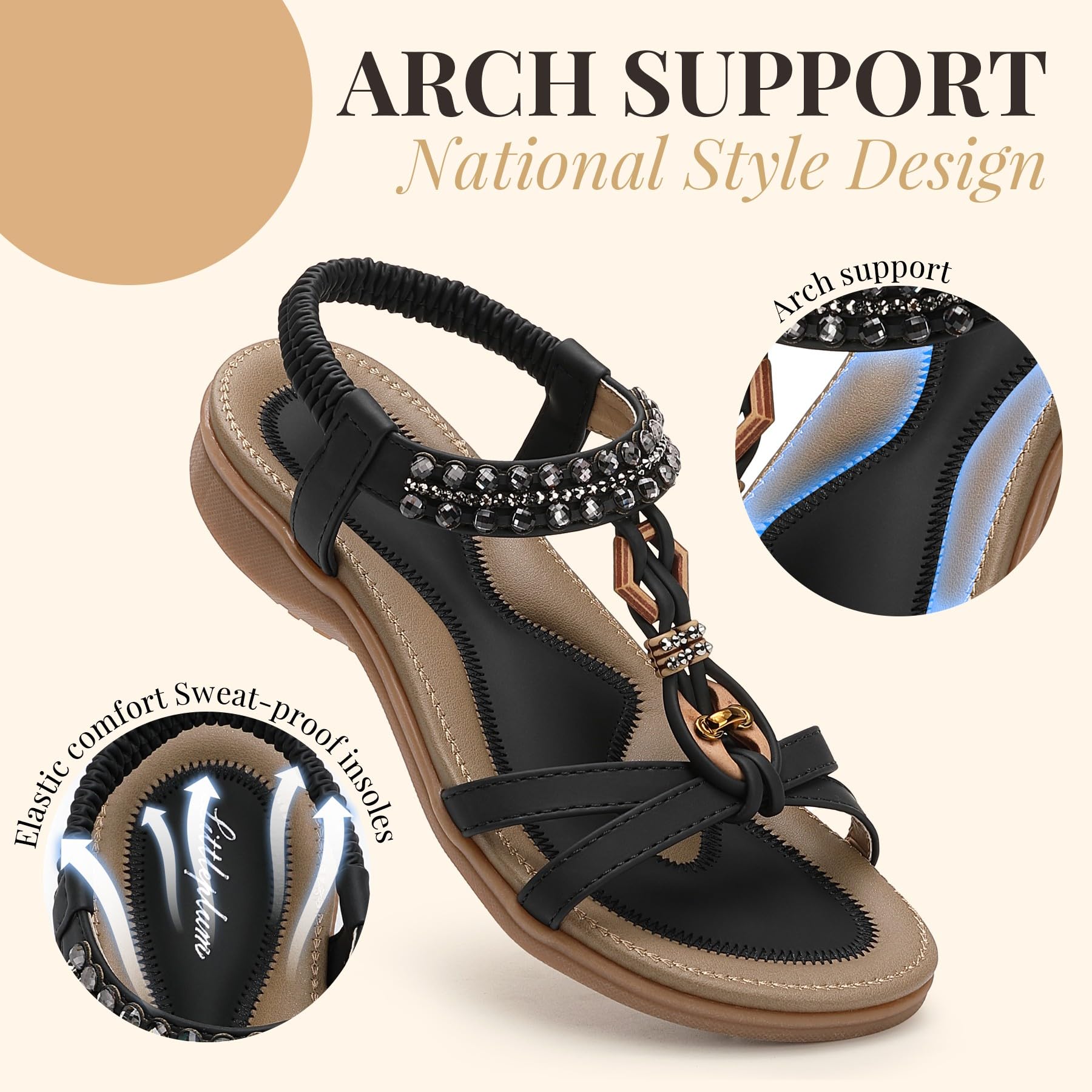 Littleplum Sandalen Damen Sommer Flache Sandalette Bohemia Sandals mit Strass Perlen Freizeit Damen Strand Schuhe Sandalen