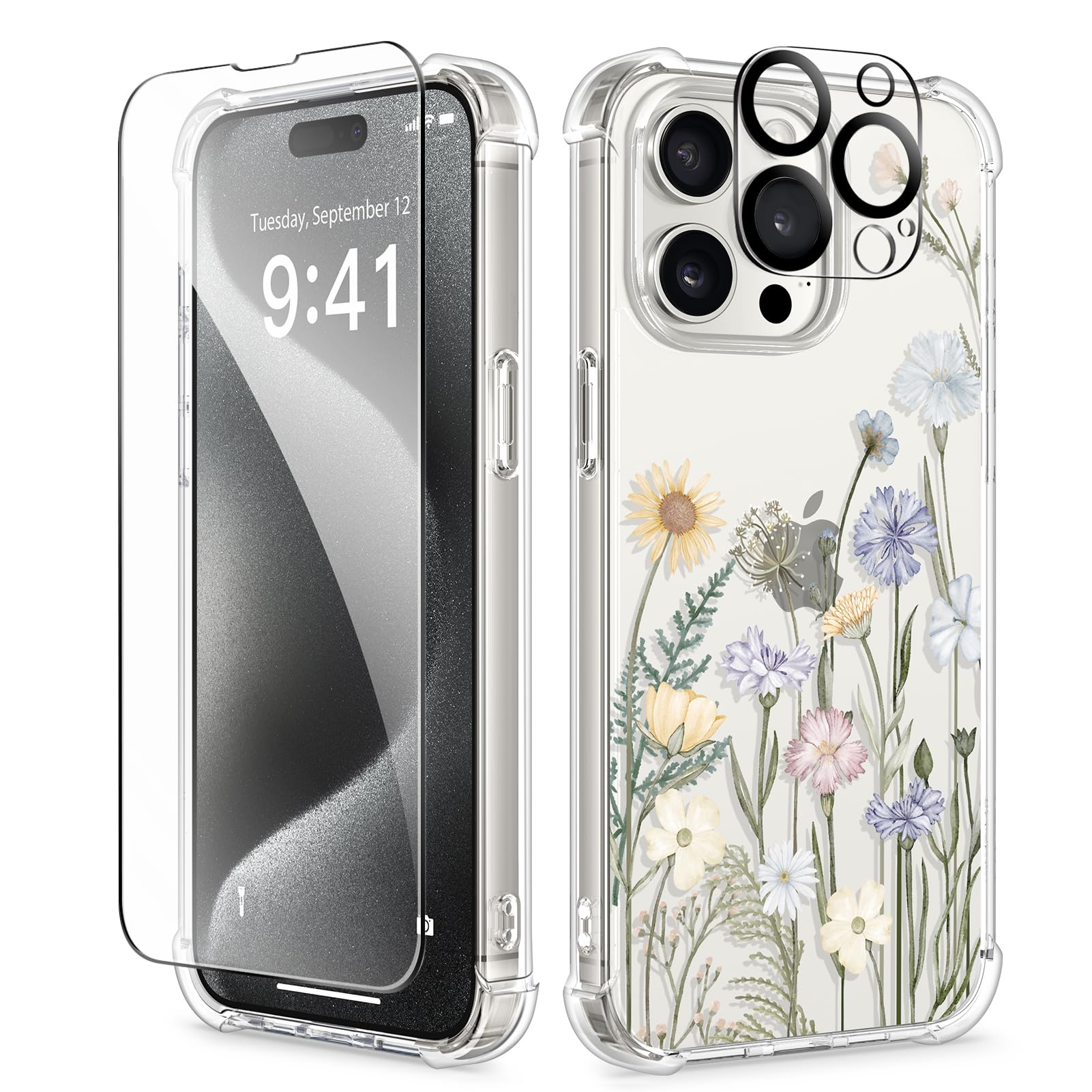 GVIEWIN for iPhone 15 Pro Max Case Floral,with Screen Protector & Camera Lens Protector, Hard PC + TPU Bumper Shockproof Protective Clear Flower Women Phone Cover 6.7"(Vibrant Spring)