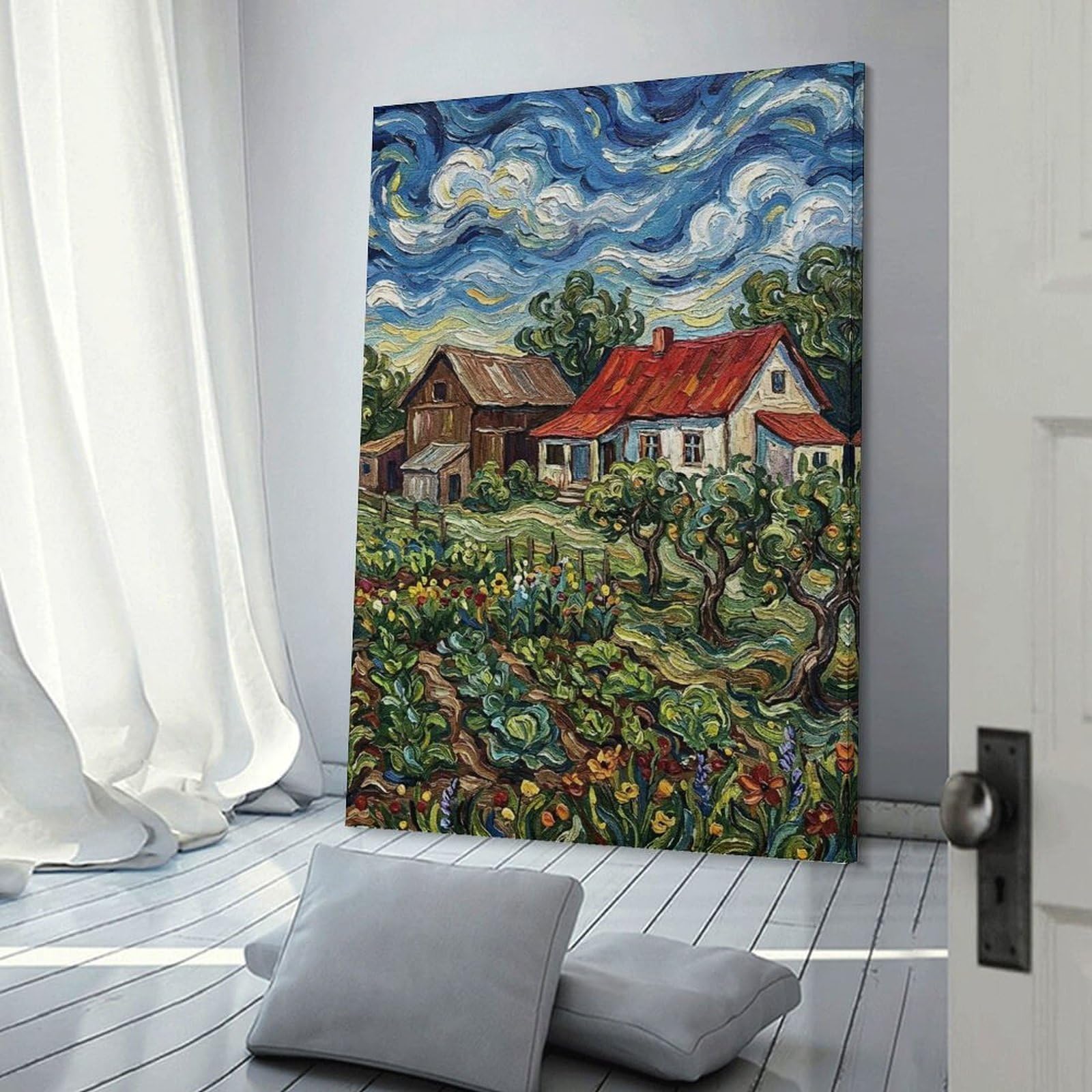 Junmoney Impressionistic Farmhouse Landscape Painting Canvas Art Print, 20x30inch(50x75cm), for Bedroom, Lounge Or Dressing Area, Canvas Wall Decor for Personal Spaces