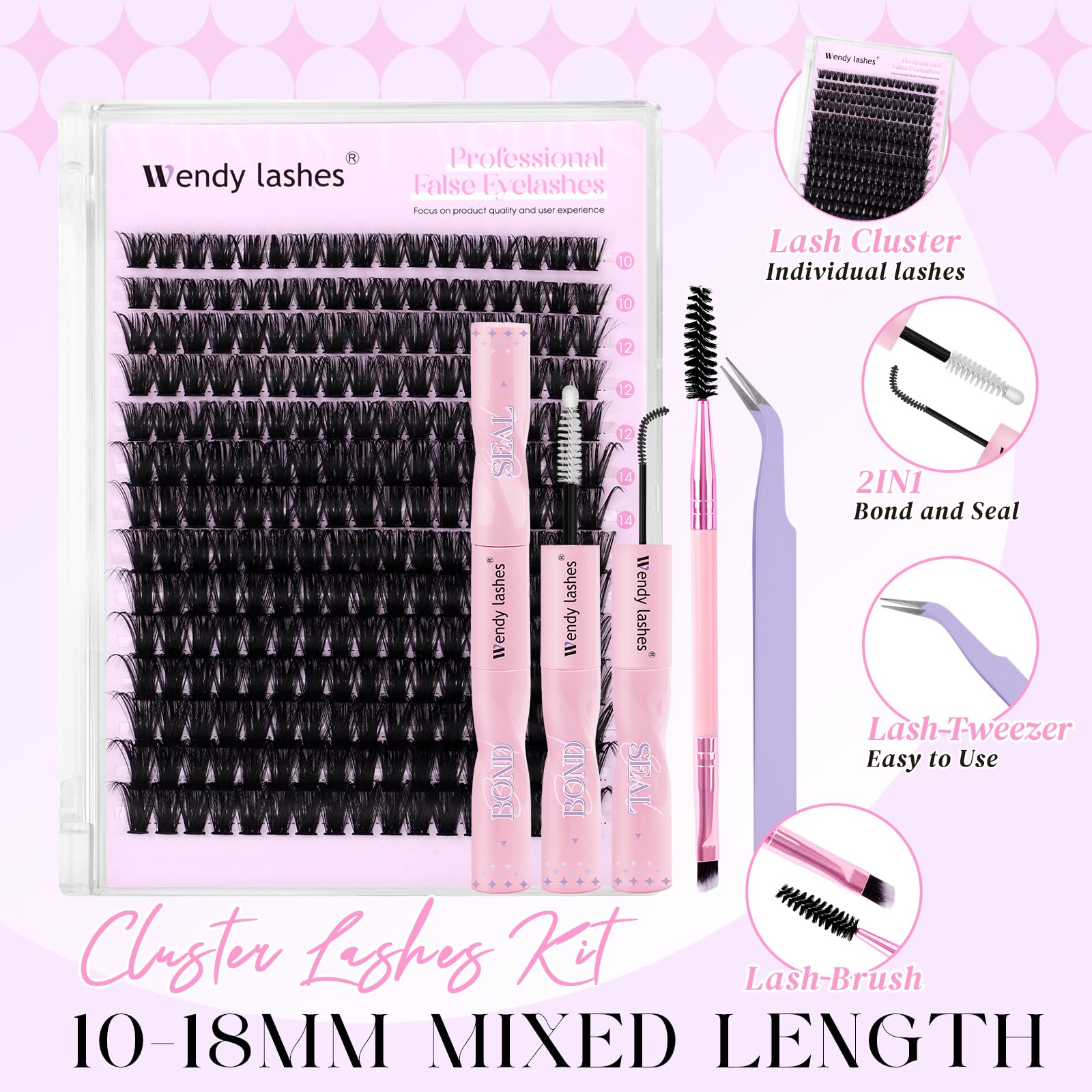 Lash Clusters Kit Natural Eyelashes Individual C-Curl Soft Cluster Lashes 80d 10-18mm Mixed Russian DIY Lash Extension Kit with Lash Bond and Seal(FK/KIT-80d-C-Mix1018) - Image 2