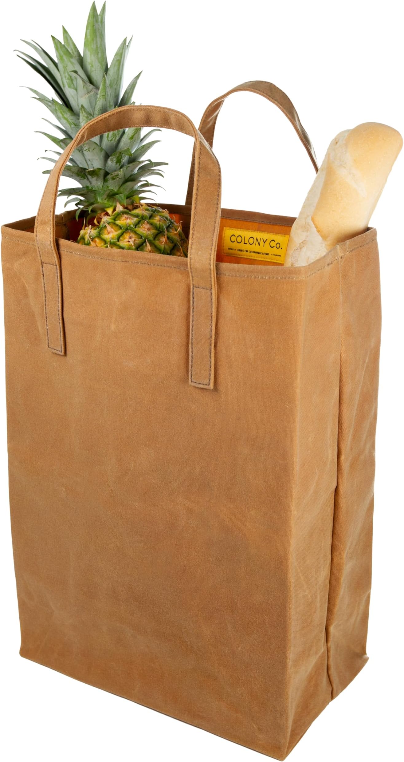 World's Strongest Grocery Bag, Handmade with Certified Organic Cotton and Hand Waxed Beeswax, Foldable, Stiff Canvas Stands Up for Easy Filling, Plastic-Free, Reusable, GOTS, Large, Brown