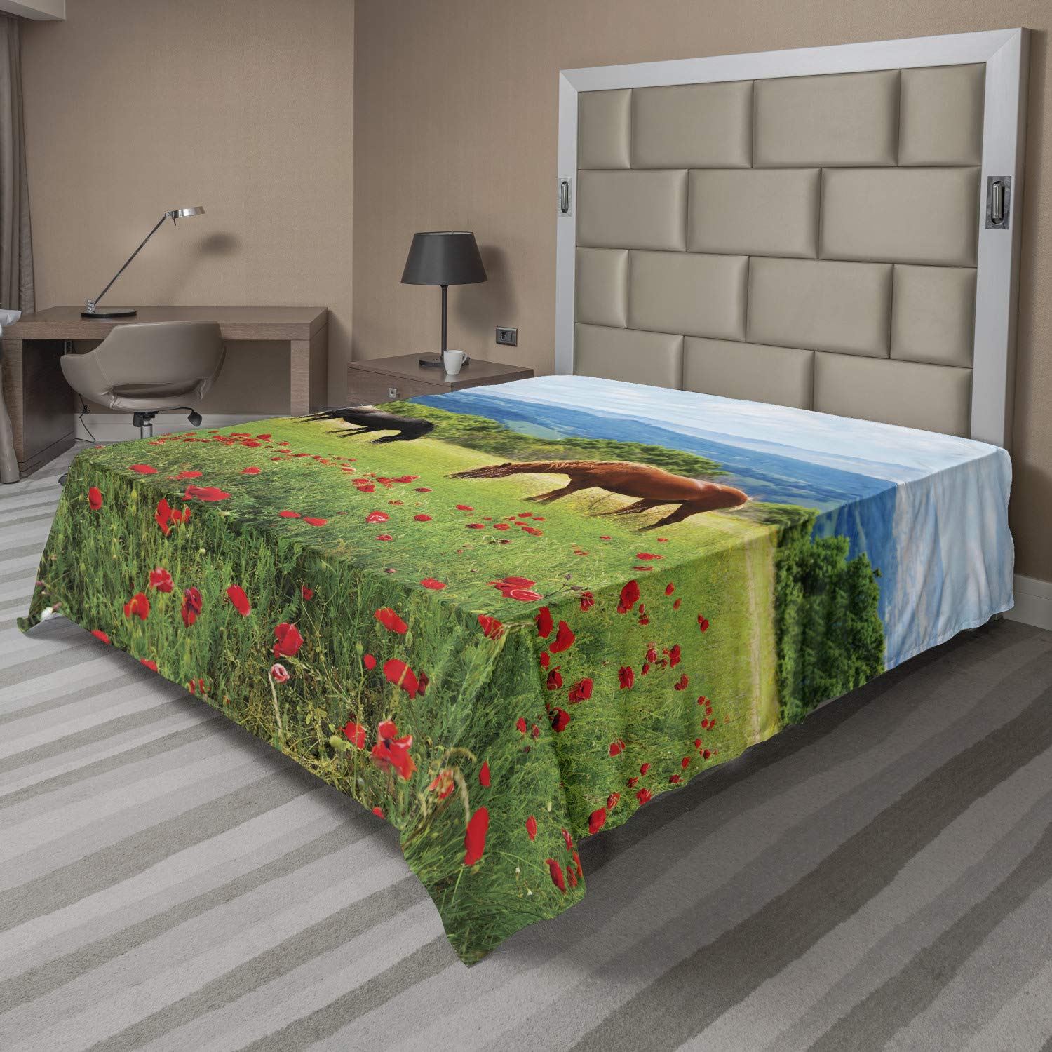 Ambesonne Horses Flat Sheet, Various Kinds of Horses Eating Grass in Field Mountain Landscape Rural Scene Print, Soft Comfortable Top Sheet Decorative Bedding 1 Piece, Queen Size, Multicolor