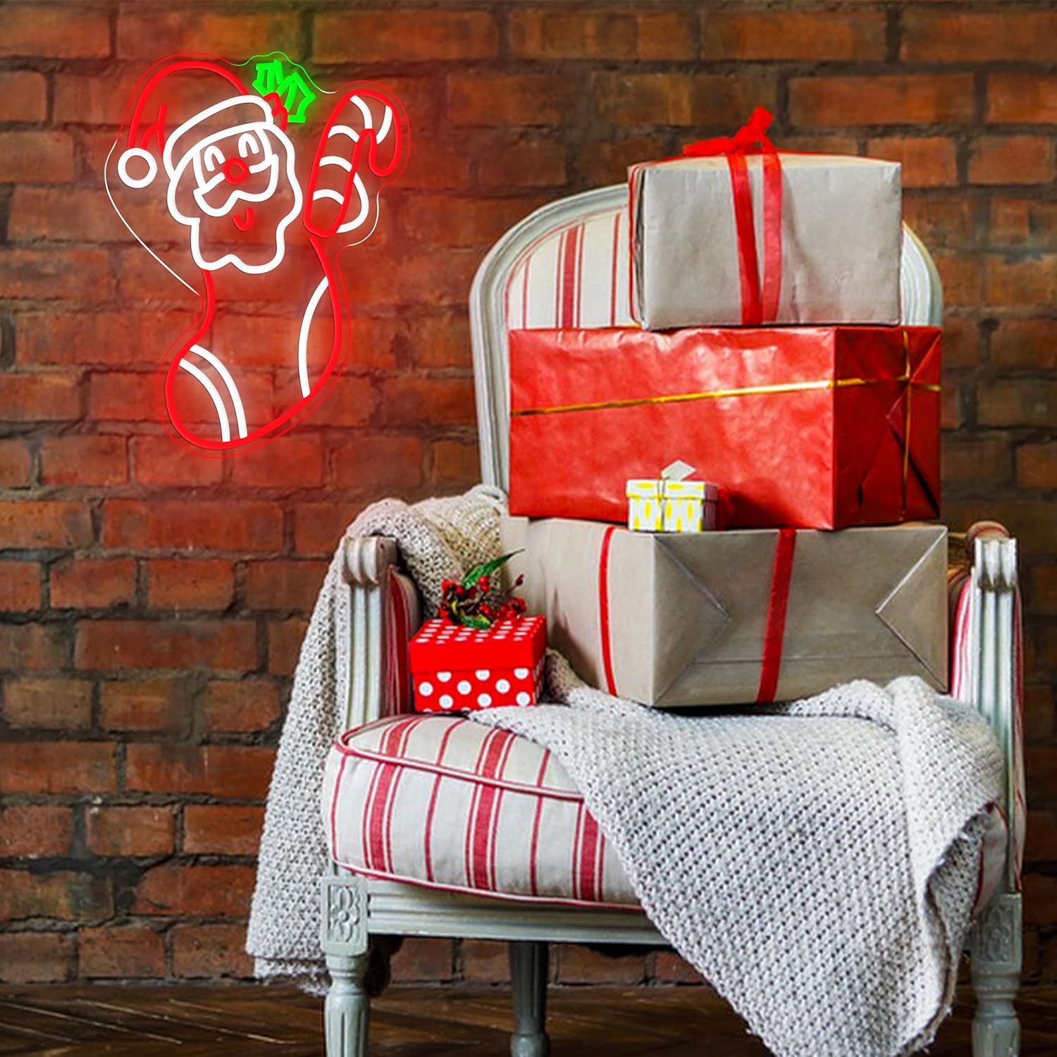 Merry Christmas Neon Sign Dimmable Santa Claus In Stockings Neon Light USB Powered Holly Led Light up Sign for Christmas Eve Party New Year Home Bar(16.5 * 12.6 In) - Image 7