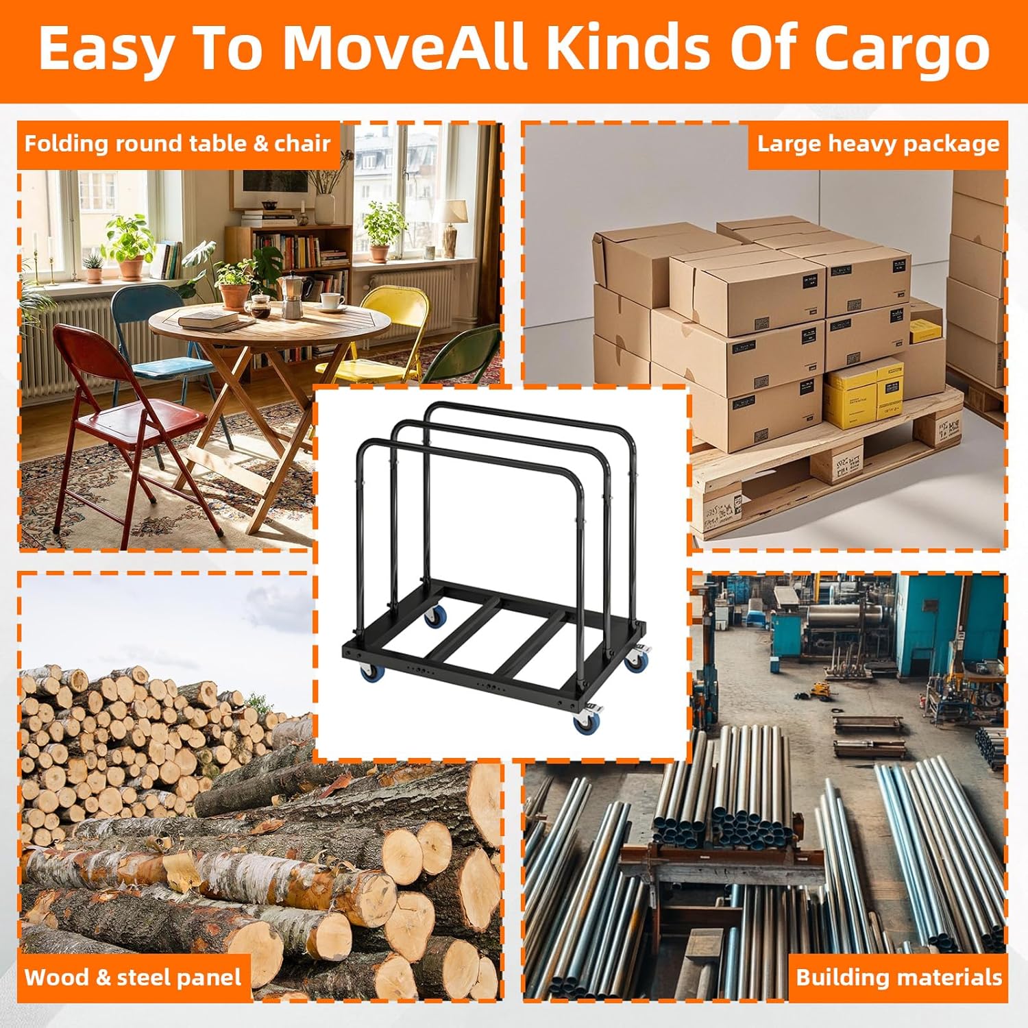 Folding Table Cart, 1800lb Panel Carts with Swivel Wheels, Heavy Duty Drywall Cart for Moving Lumber, Folding Table, Sheetrock, 10 Table Capacity for Hotels, Factories, Warehouses