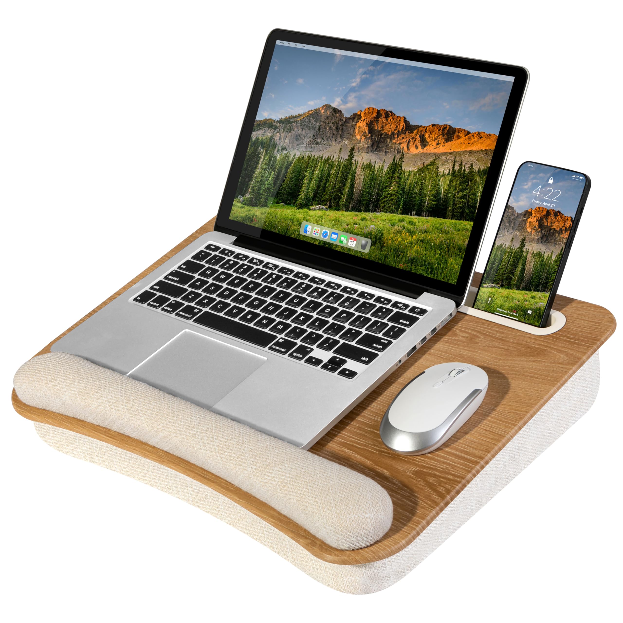 LapGearPortable Laptop Lap Desk with Pillow Cushion, Anti-Slip Strip, Tablet or Phone Storage Slot, Pen and Pencil Pocket, and Wrist Rest - White Oak Woodgrain - Fits 15.6" Laptops - Style No. 91349