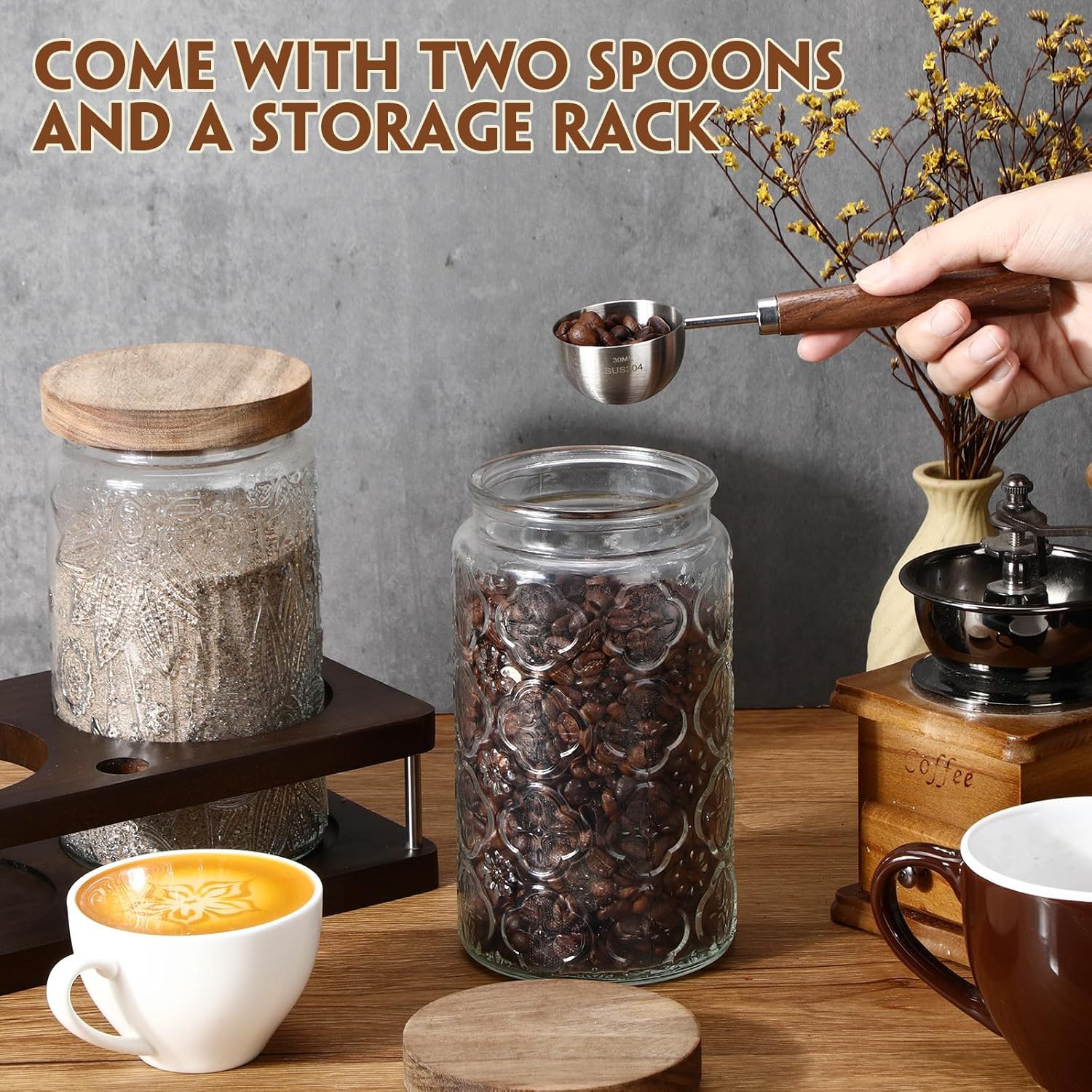 Suclain Glass Coffee Grounds Container with Shelf 2 x 34 oz Glass Coffee Bean Storage Canisters with Airtight Thread Lid and Measuring Spoon Food Storage Jars for Kitchen Sugar Nut