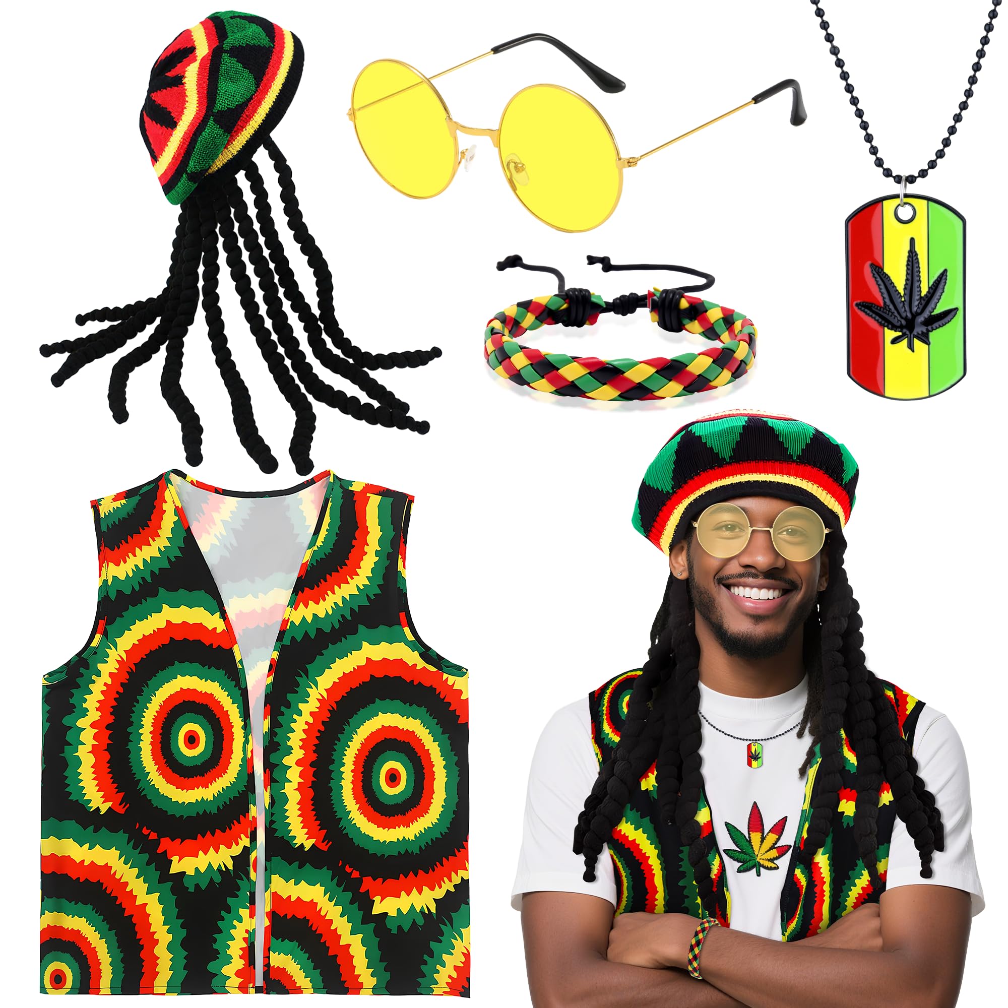 5 Pcs Reggae Fancy Dress Costume Accessories, Jamaican Rasta Costume with Rasta Hat with Dreadlocks Caribbean Vest Sungalsses Bracelet Neckalce for Women Men Halloween Carnival Cosplay Party