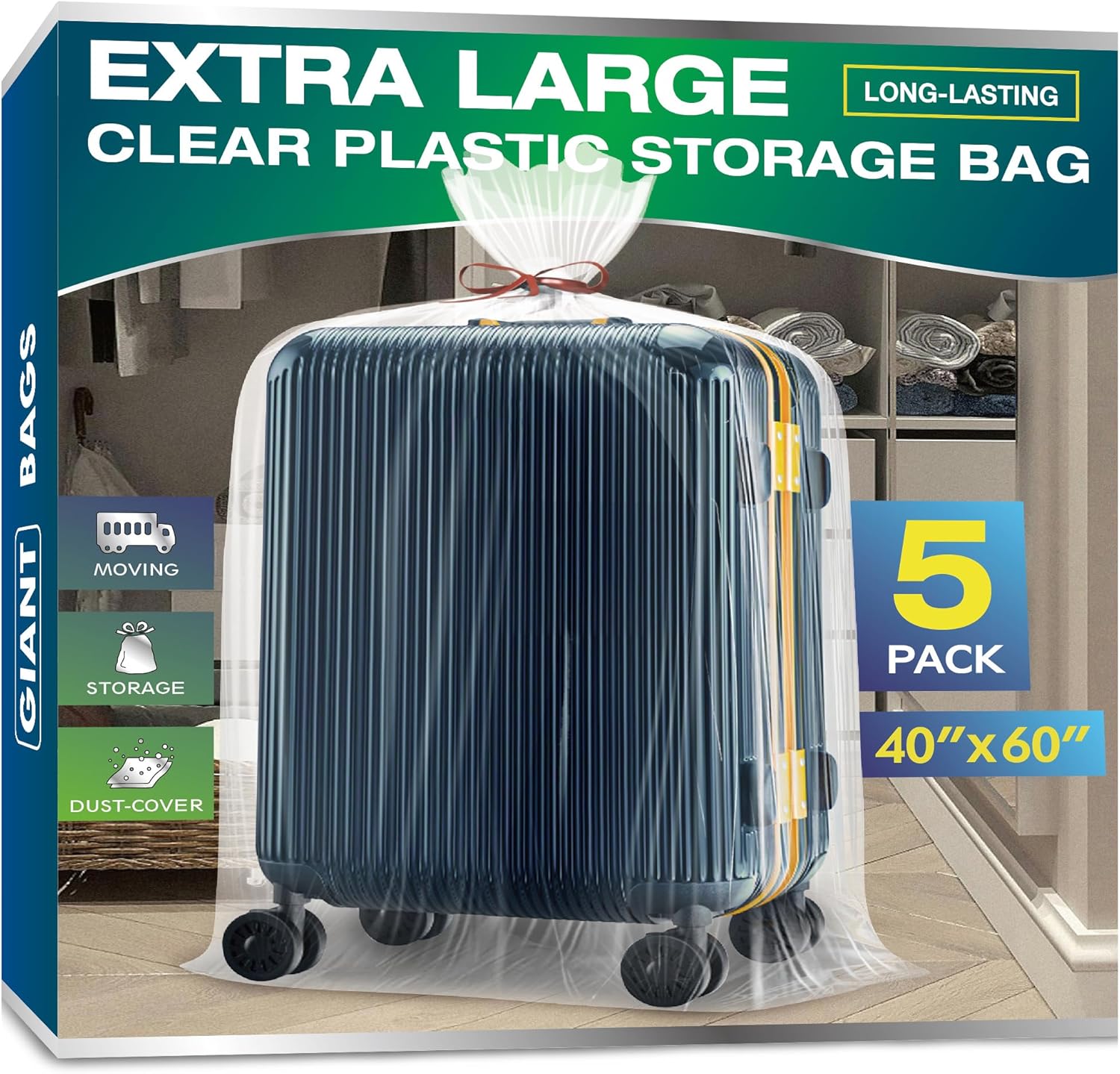 40 x 60 Inches 2 Mil Clear Plastic Storage Bags, Extra Large Flat Plastic Bag, Ideal for Moving,Storage, Packing Suitcases Luggage, Strollers, Pillows, Bikes, Chairs (5 packs? 40"X60" 5PACK