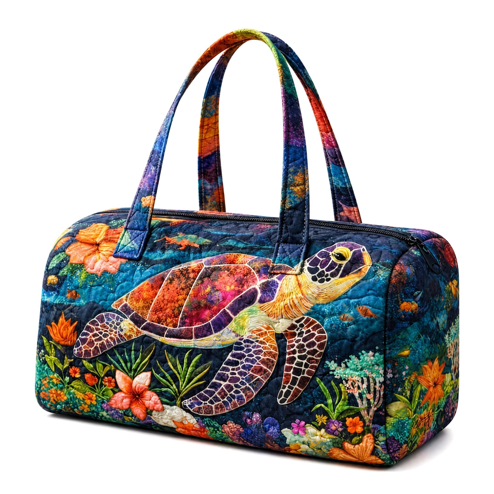 Hippie Van Quilted Duffle Bag, Retro Boho Quilted Tote Bag for Women, Lightweight Floral Travel Weekender Bag, Seaside Style Portable Beach Bag (M(16โณLx8โณWx8โณH),J)