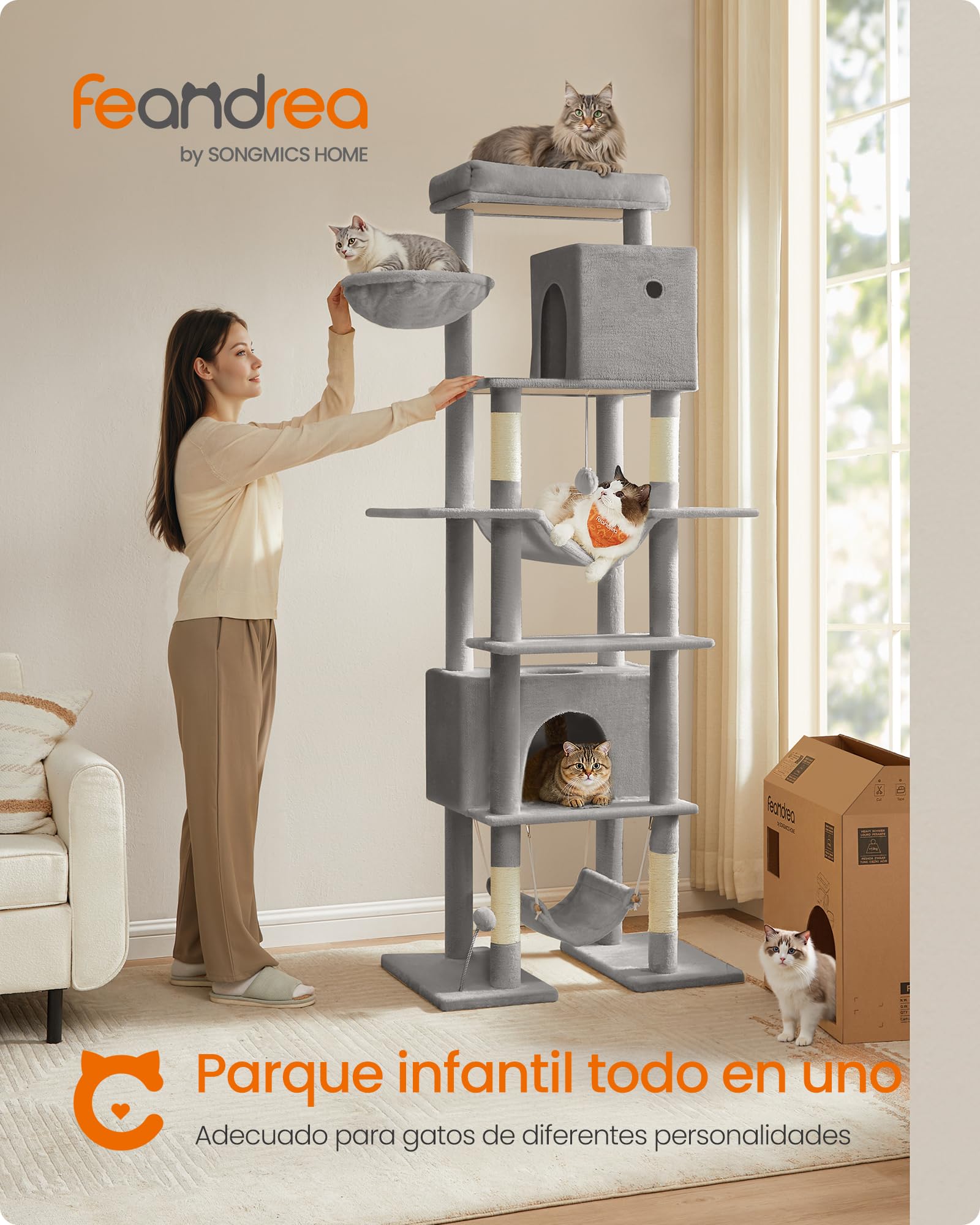 Feandrea Árbol Grande para Gatos, Rascador Multinivel para Gatos XXL, 201 cm de Altura, con una Plataforma, una Cesta, 2 Casas para Gatos, 2 hamacas, Gris Claro PCT195G01